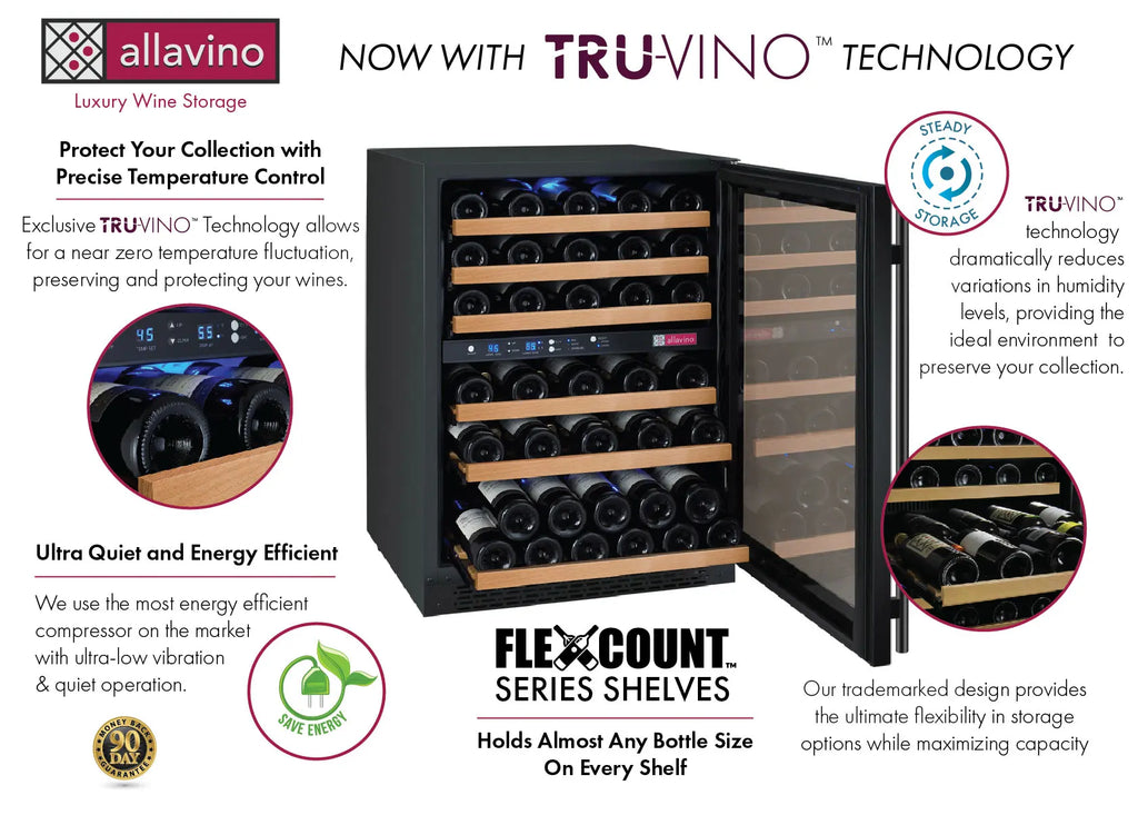 Allavino FlexCount Series 112 Bottle Four Zone Undercounter Side-by-Side Wine Refrigerators with Black Doors