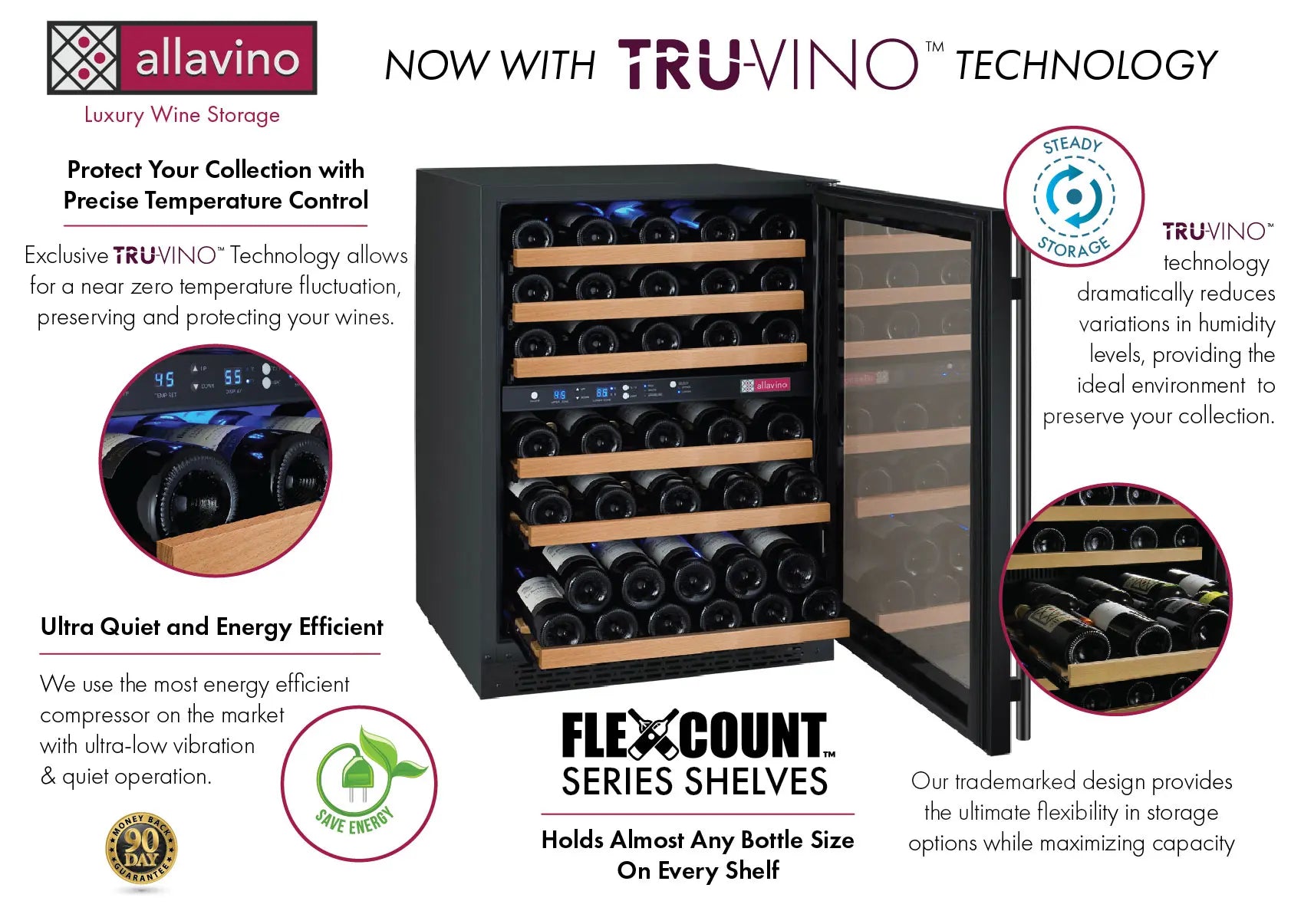 Allavino FlexCount Series 112 Bottle Four Zone Undercounter Side-by-Side Wine Refrigerators with Black Doors
