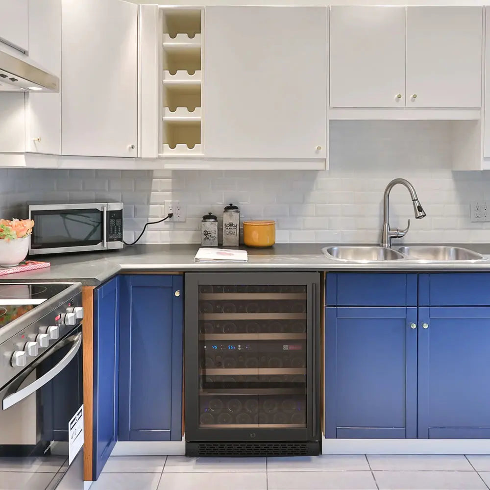 Allavino FlexCount Series 56 Bottle Dual Zone Undercounter Wine Refrigerator with Black Door - Left Hinge