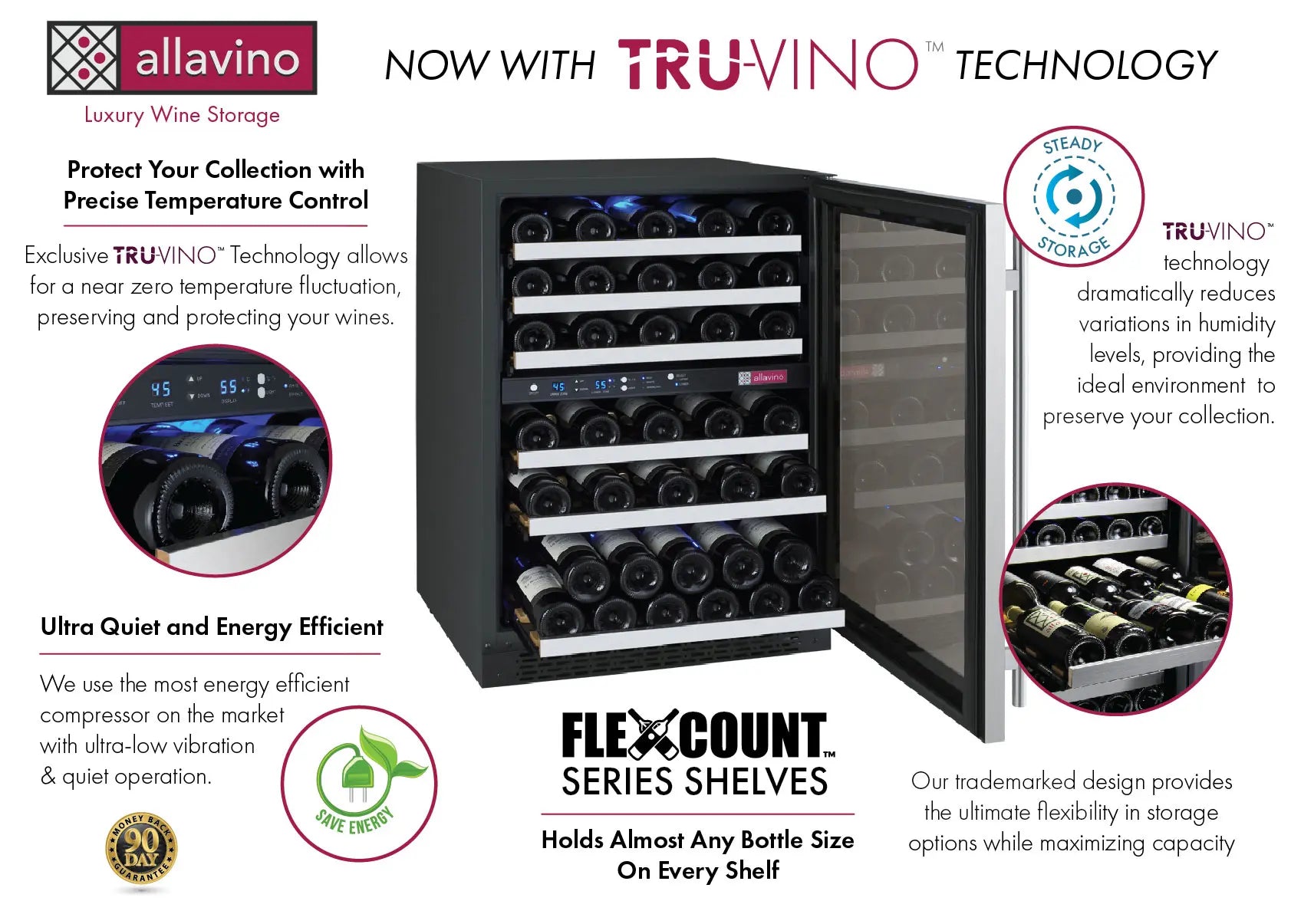 Allavino FlexCount Series 112 Bottle Four Zone Undercounter Side-by-Side Wine Refrigerators with Stainless Steel Doors