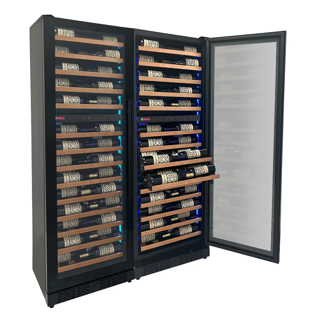 Allavino Reserva Series 134 Bottle 71" Shallow Four Zone Side-by-Side Wine Refrigerators with Black Doors and Wood Front Shelves