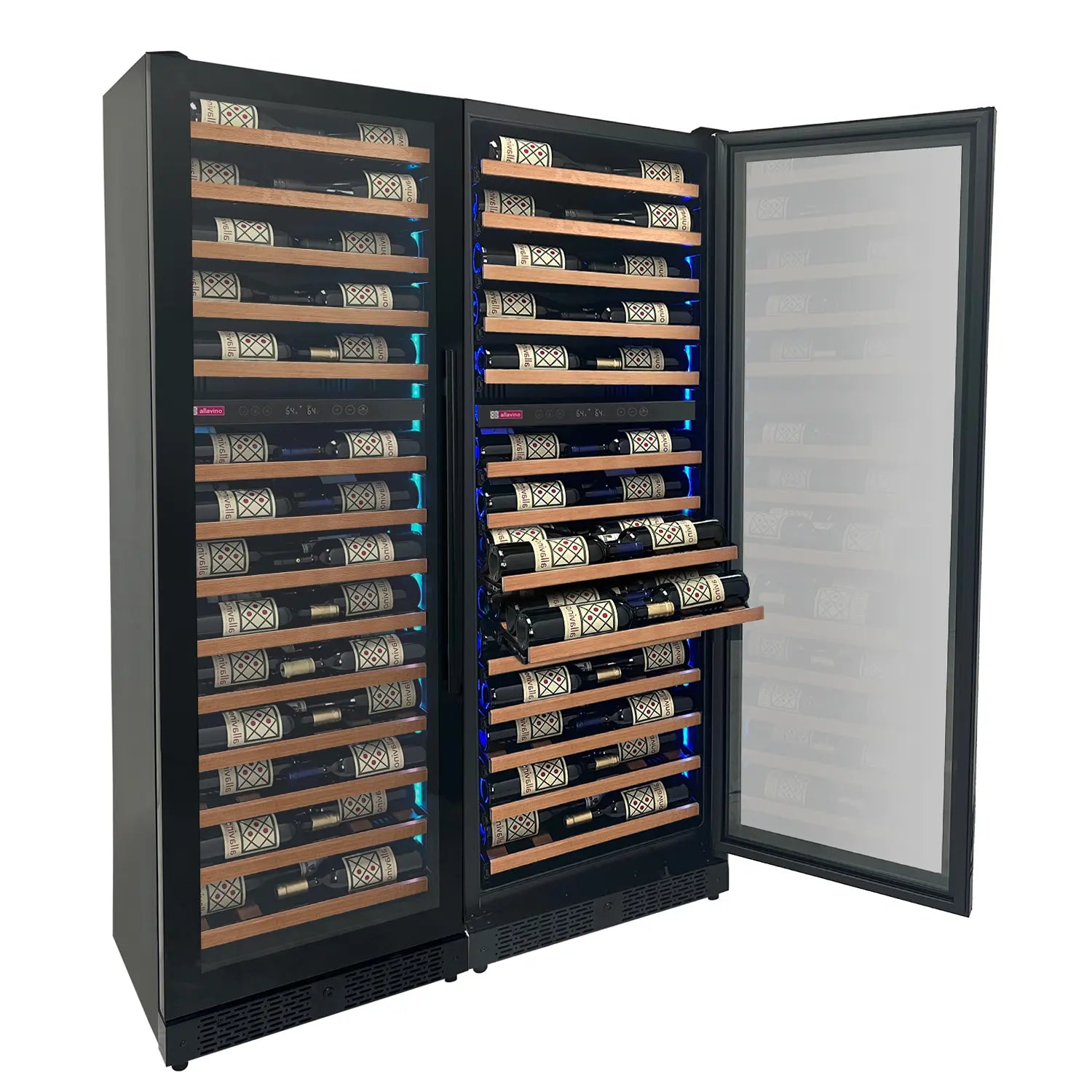 Allavino Reserva Series 134 Bottle 71" Shallow Four Zone Side-by-Side Wine Refrigerators with Black Doors and Wood Front Shelves
