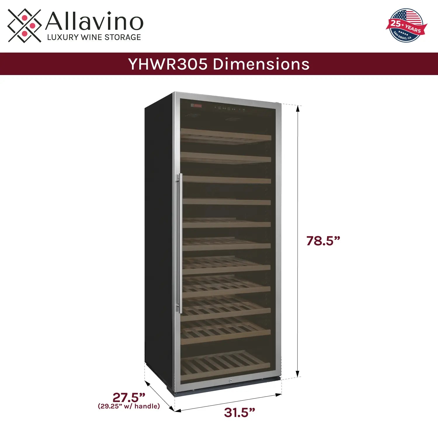 Allavino Vite Series 277 Bottle Single Zone Freestanding Large Capacity Wine Refrigerator with Stainless Steel Door - Right Hinge