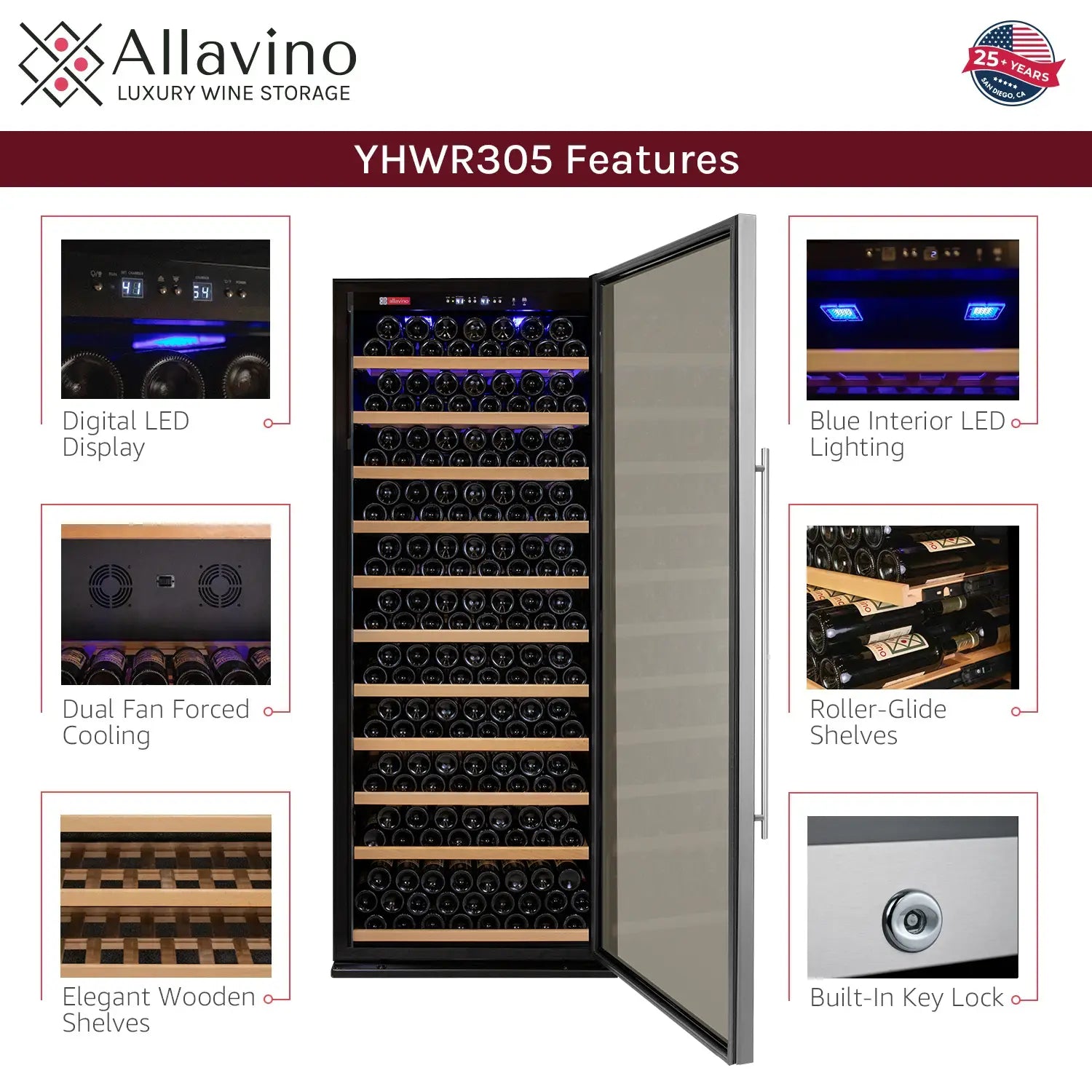 Allavino Vite Series 277 Bottle Single Zone Freestanding Large Capacity Wine Refrigerator with Stainless Steel Door - Right Hinge