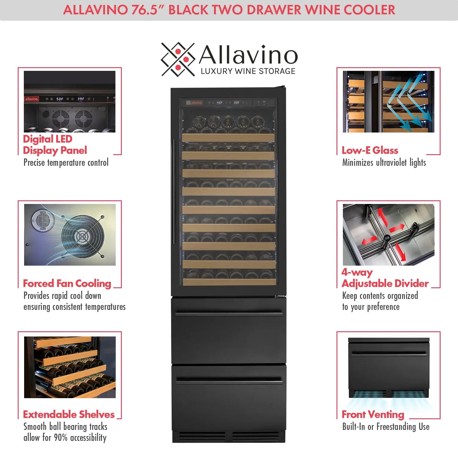 Allavino 108 Bottle Black Wine Refrigerator with Two Refrigerated Drawers