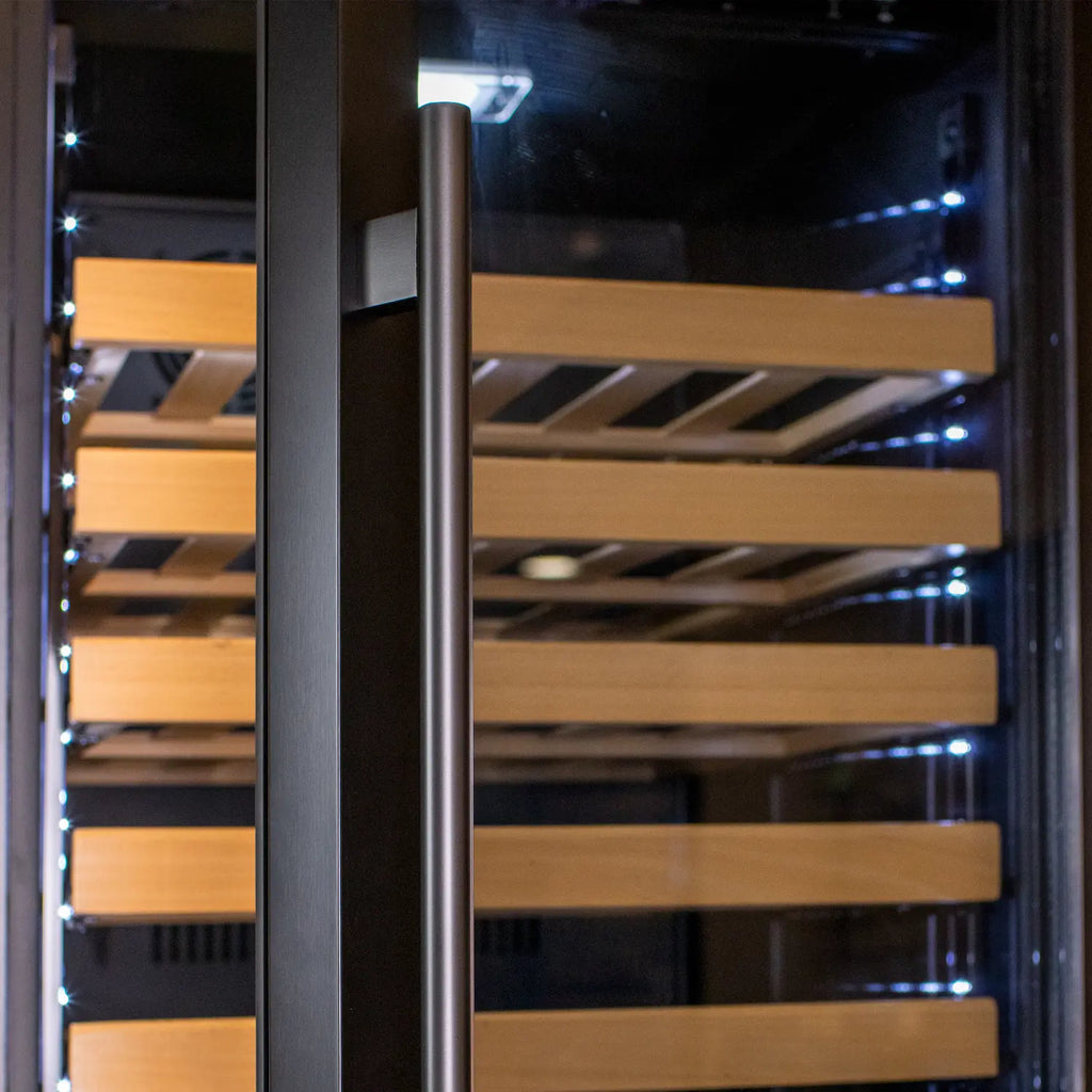 Allavino 100 Bottle Black French Doors Dual Zone Wine Refrigerator with Two Refrigerated Drawers