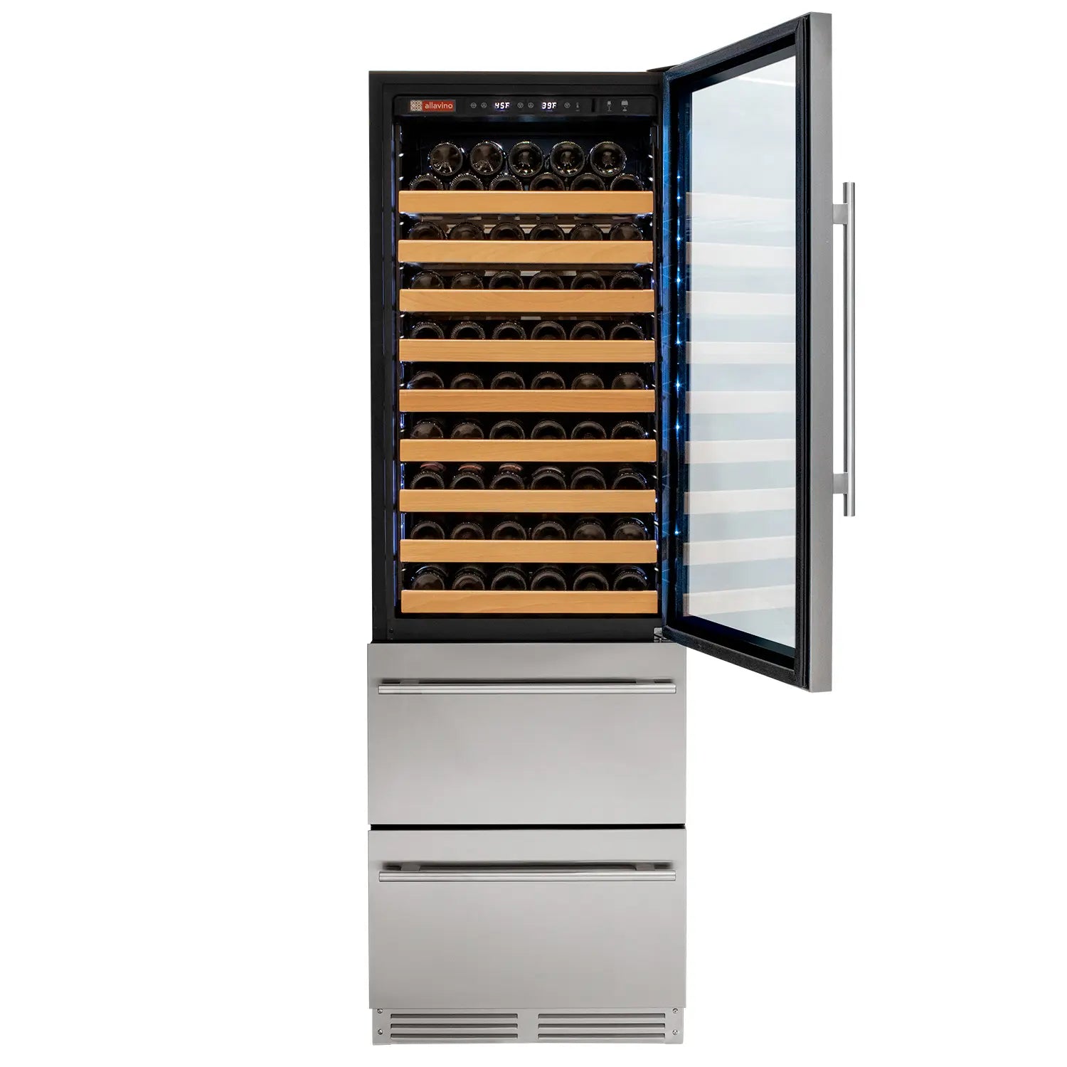 Allavino 108 Bottle Stainless Steel Wine Refrigerator with Two Refrigerated Drawers