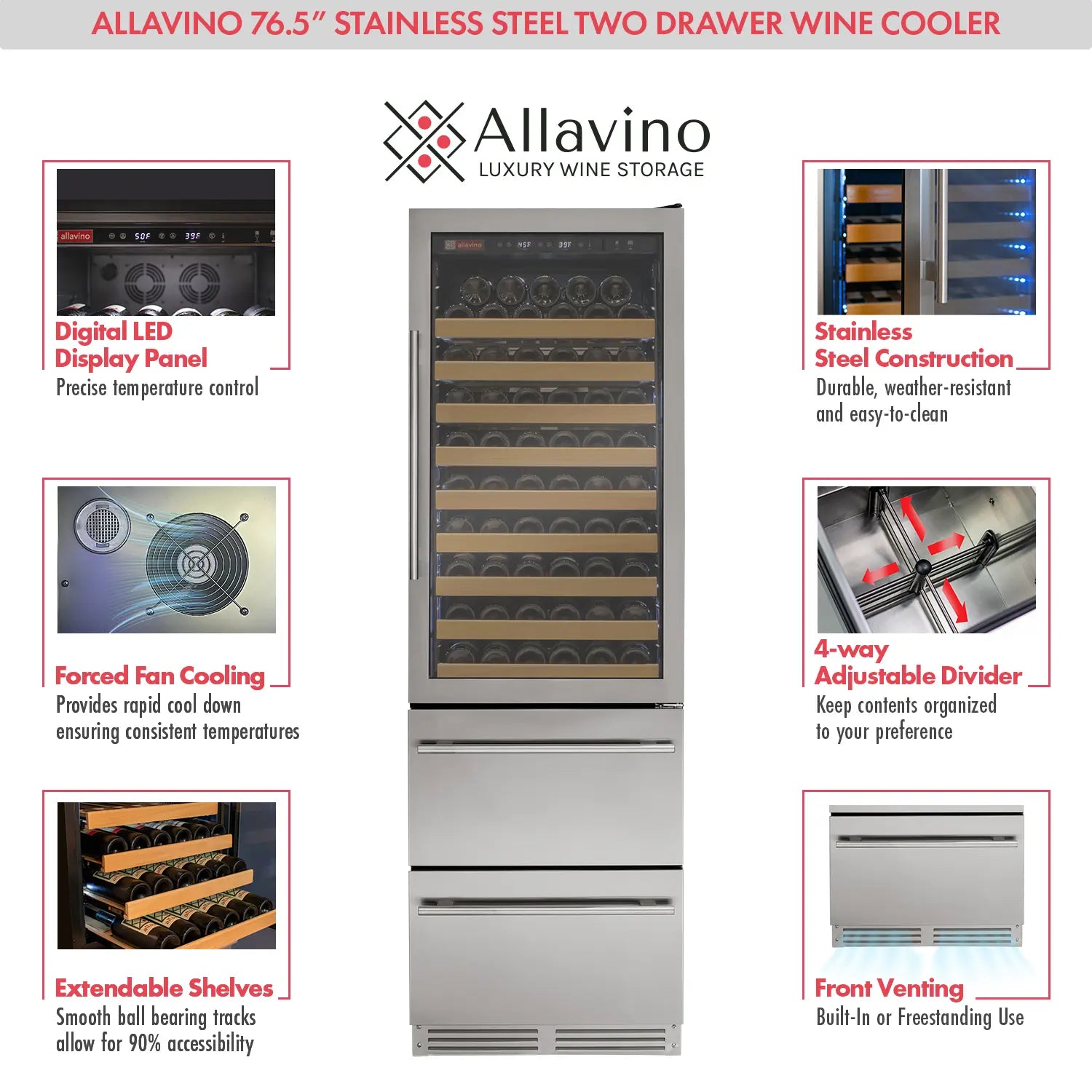 Allavino 108 Bottle Stainless Steel Wine Refrigerator with Two Refrigerated Drawers
