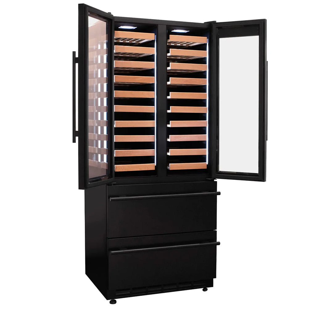 Allavino 100 Bottle Black French Doors Dual Zone Wine Refrigerator with Two Refrigerated Drawers