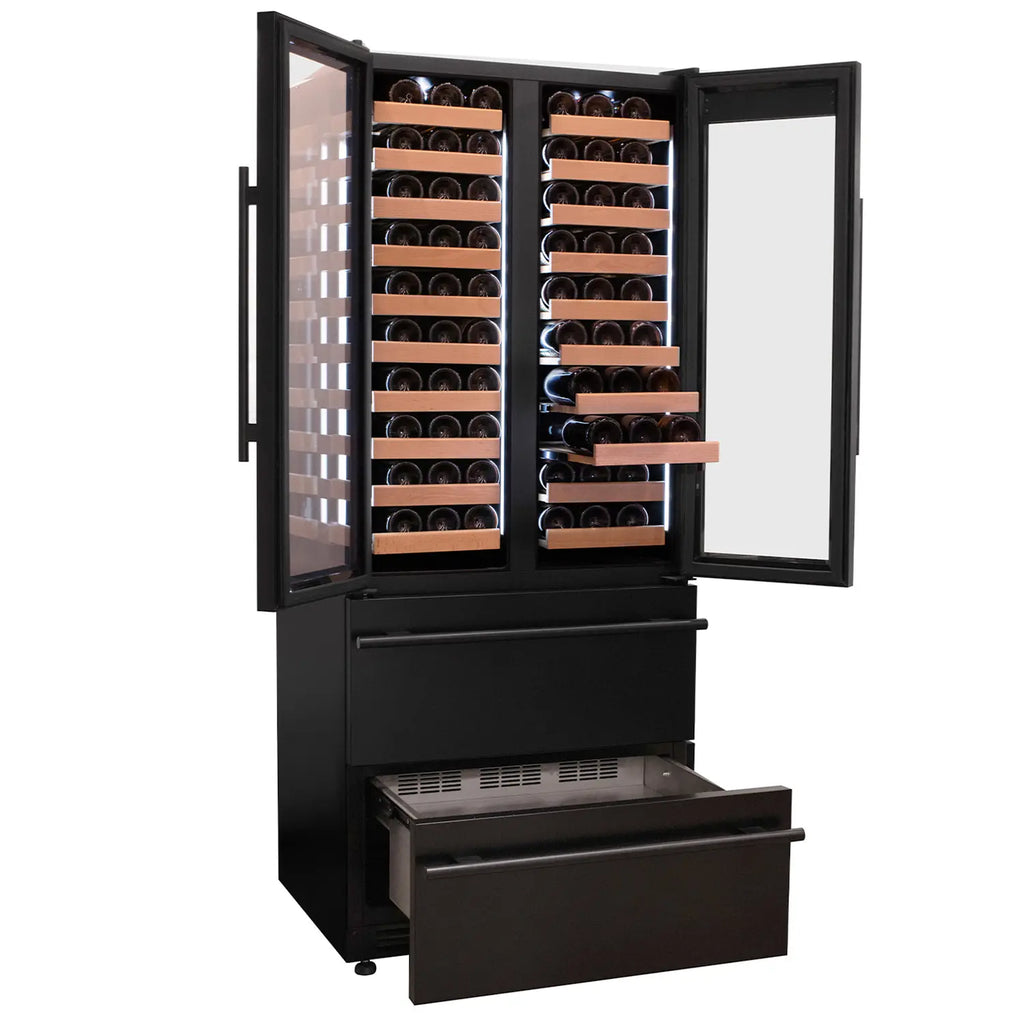 Allavino 100 Bottle Black French Doors Dual Zone Wine Refrigerator with Two Refrigerated Drawers
