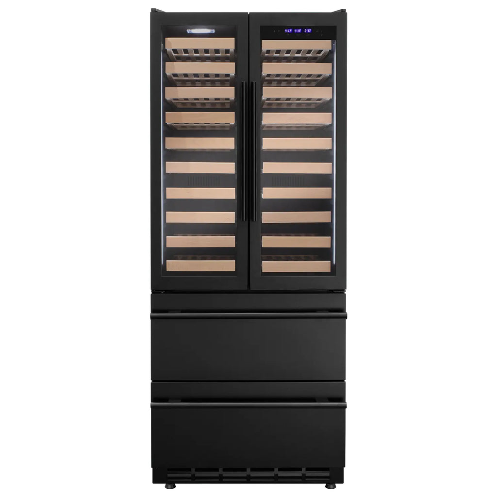 Allavino 100 Bottle Black French Doors Dual Zone Wine Refrigerator with Two Refrigerated Drawers