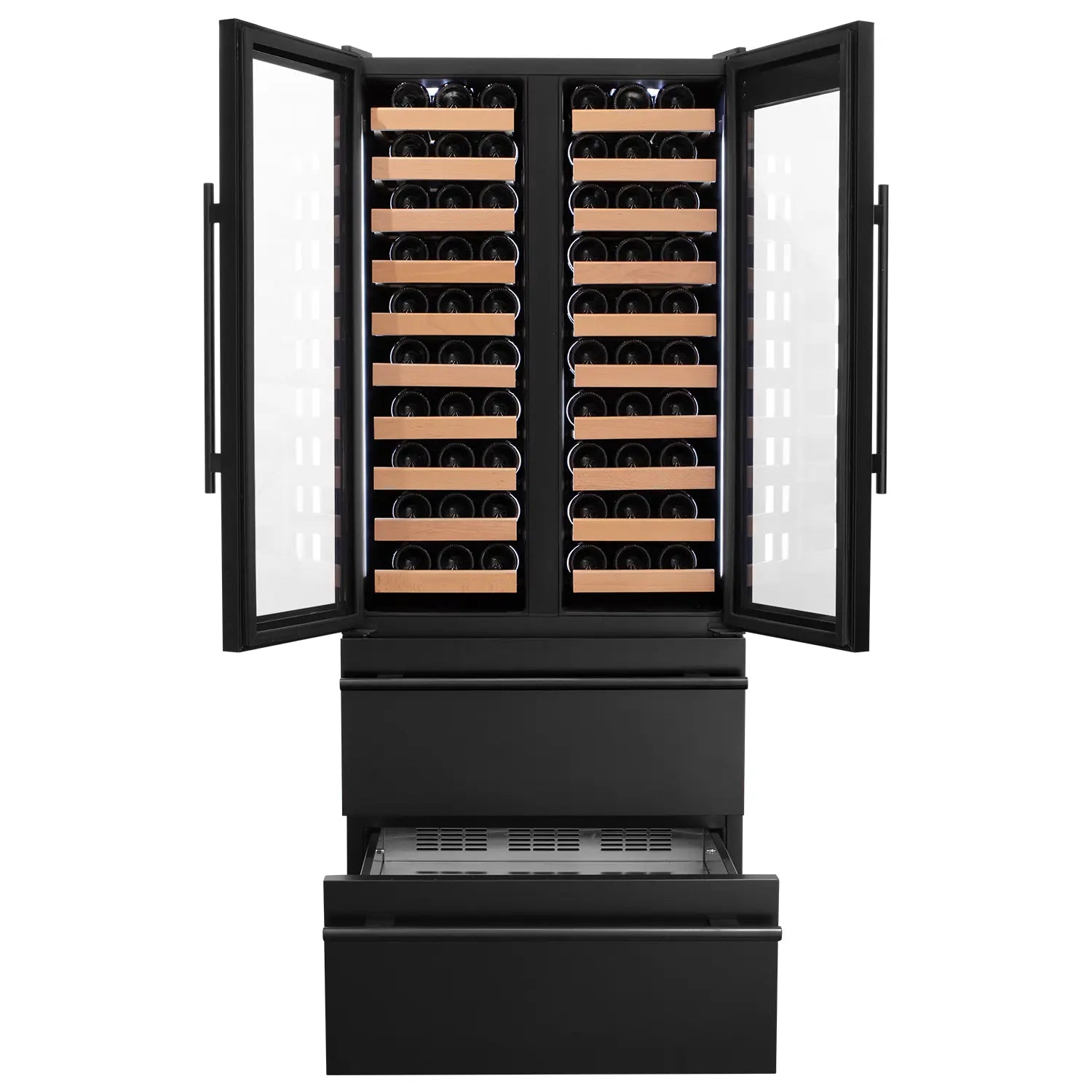 Allavino 100 Bottle Black French Doors Dual Zone Wine Refrigerator with Two Refrigerated Drawers