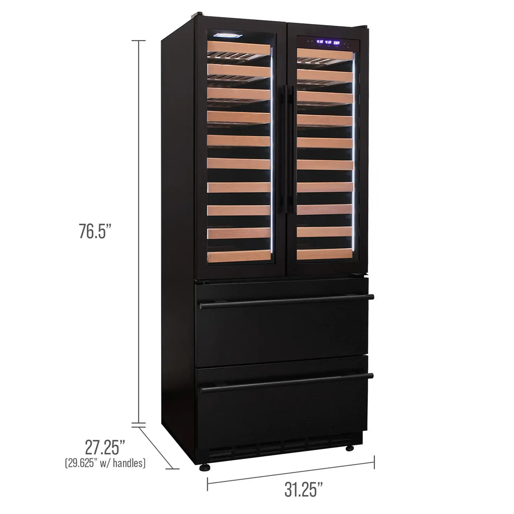Allavino 100 Bottle Black French Doors Dual Zone Wine Refrigerator with Two Refrigerated Drawers