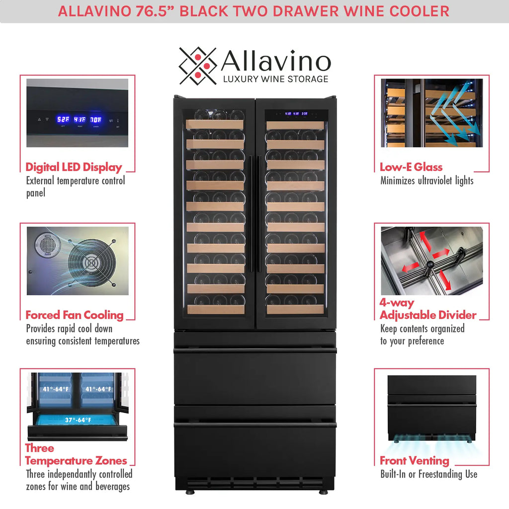 Allavino 100 Bottle Black French Doors Dual Zone Wine Refrigerator with Two Refrigerated Drawers