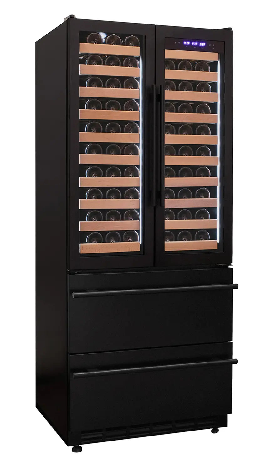Allavino 100 Bottle Black French Doors Dual Zone Wine Refrigerator with Two Refrigerated Drawers