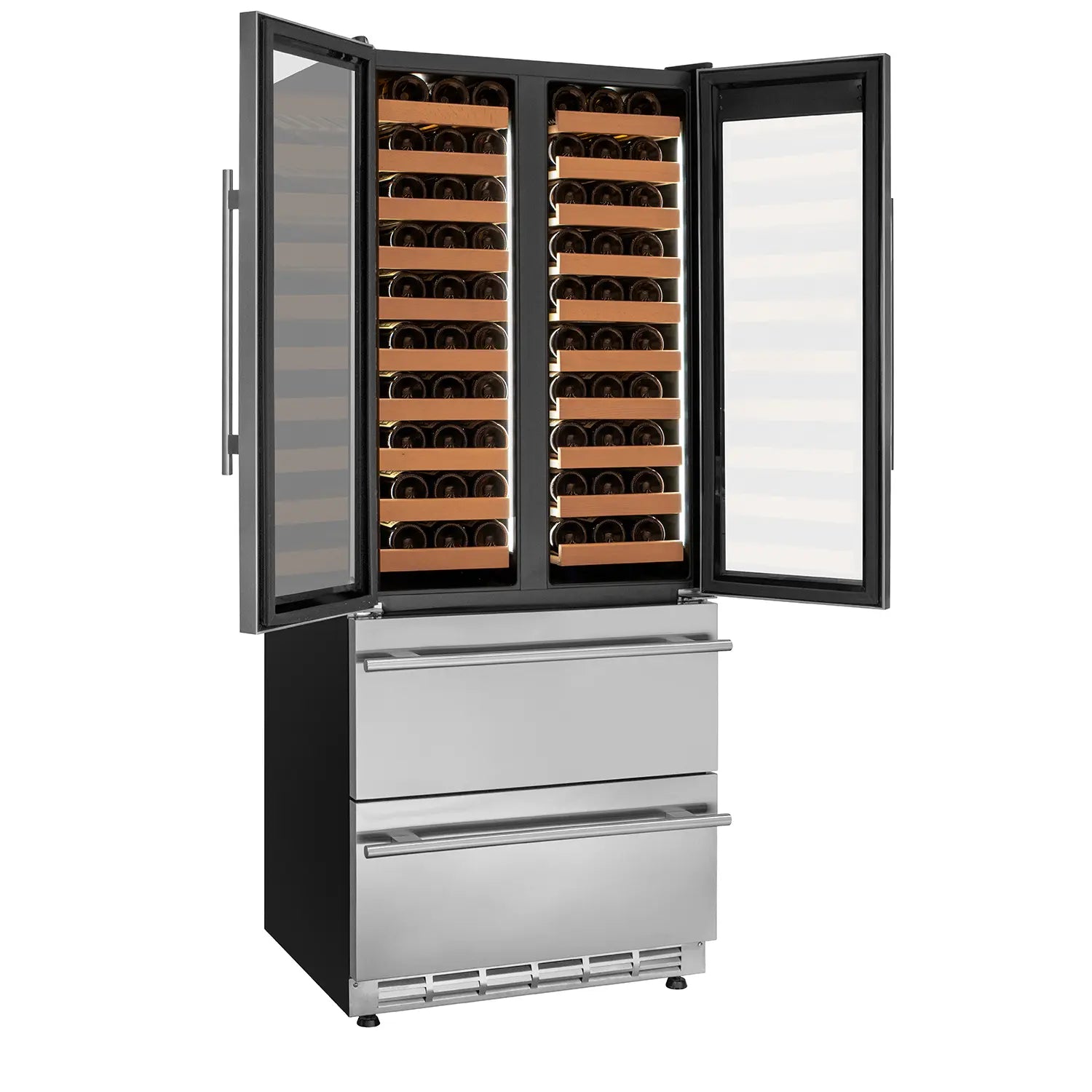 Allavino 100 Bottle Stainless Steel French Doors Dual Zone Wine Refrigerator with Two Refrigerated Drawers