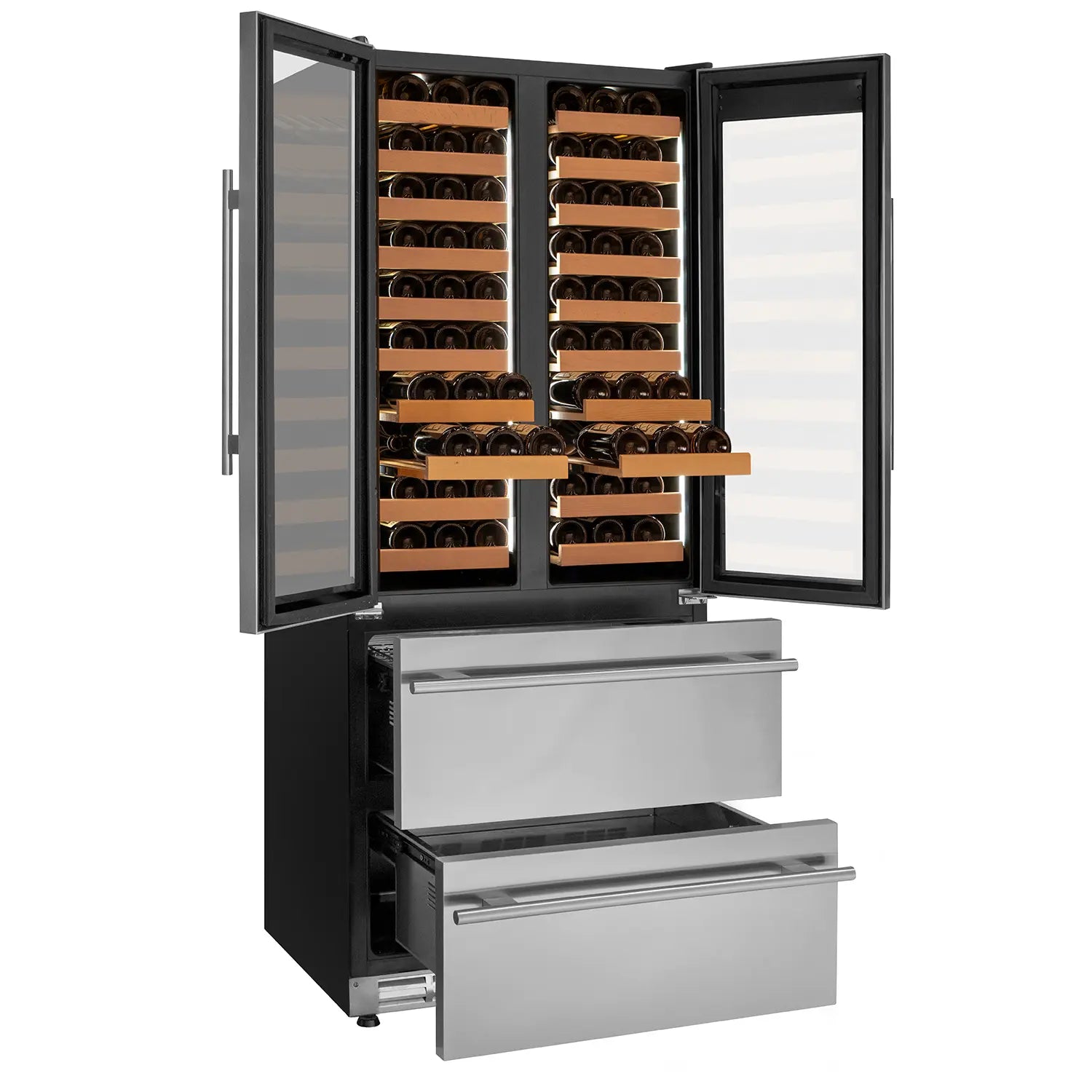 Allavino 100 Bottle Stainless Steel French Doors Dual Zone Wine Refrigerator with Two Refrigerated Drawers