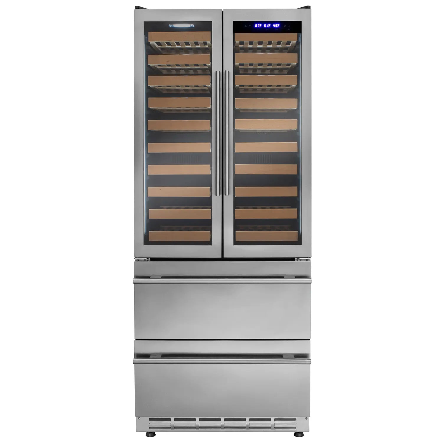 Allavino 100 Bottle Stainless Steel French Doors Dual Zone Wine Refrigerator with Two Refrigerated Drawers