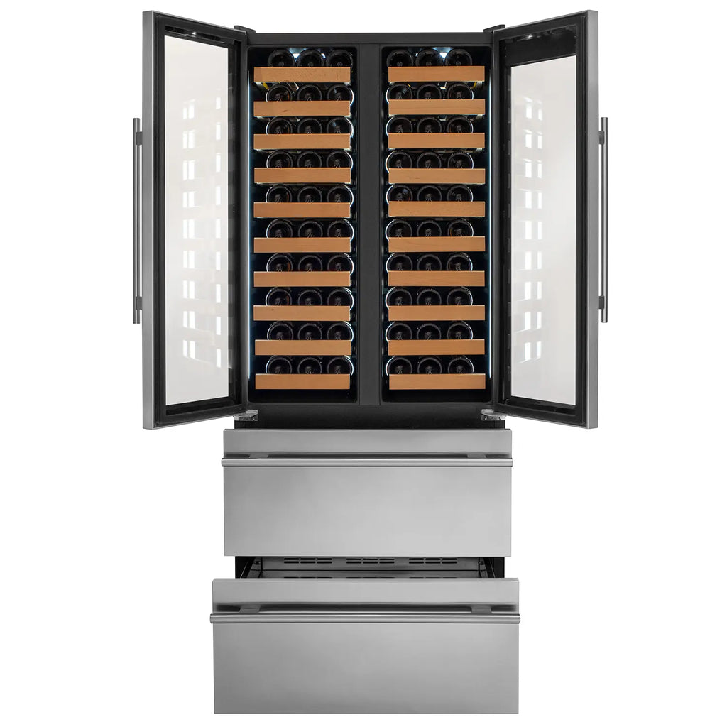 Allavino 100 Bottle Stainless Steel French Doors Dual Zone Wine Refrigerator with Two Refrigerated Drawers