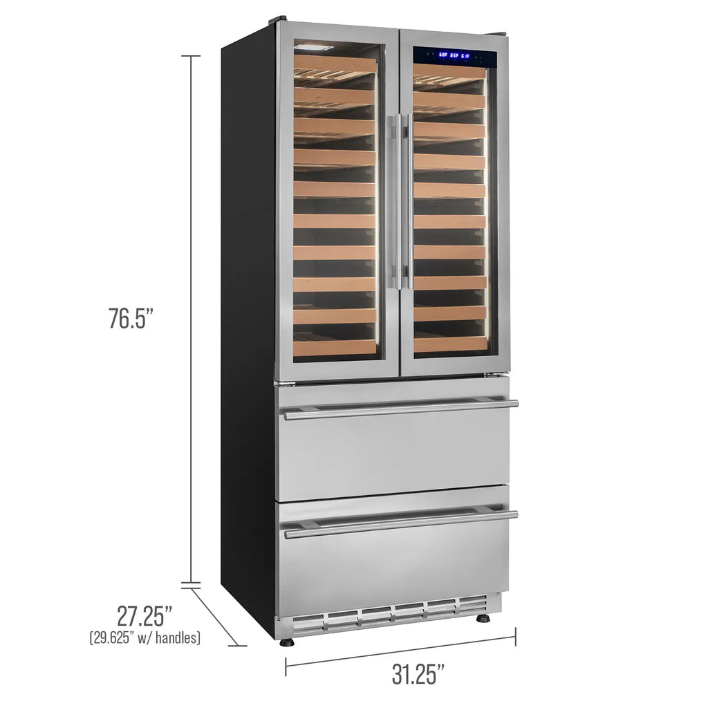 Allavino 100 Bottle Stainless Steel French Doors Dual Zone Wine Refrigerator with Two Refrigerated Drawers