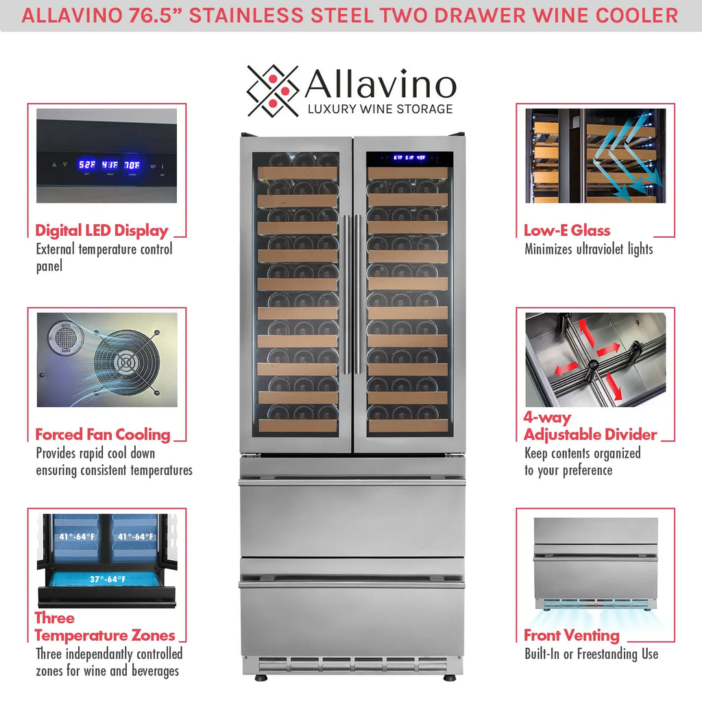 Allavino 100 Bottle Stainless Steel French Doors Dual Zone Wine Refrigerator with Two Refrigerated Drawers