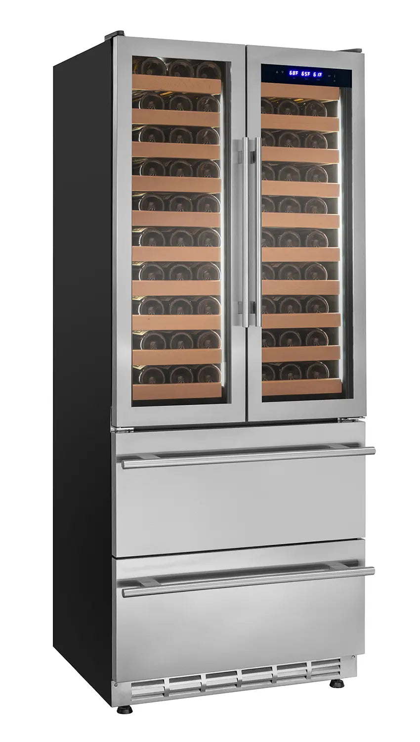 Allavino 100 Bottle Stainless Steel French Doors Dual Zone Wine Refrigerator with Two Refrigerated Drawers