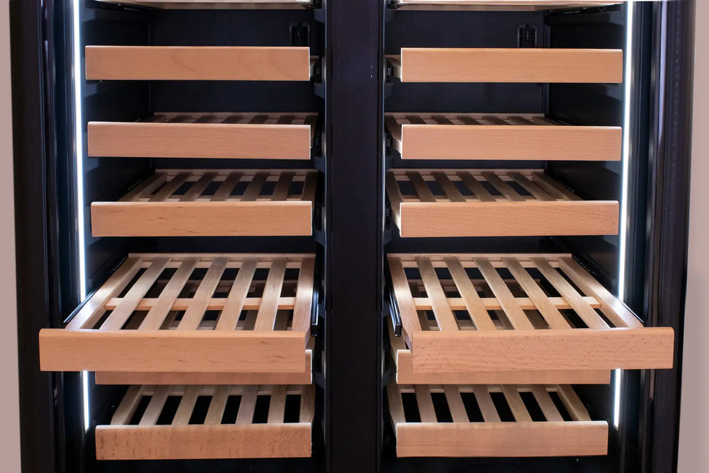 Allavino 100 Bottle Stainless Steel French Doors Dual Zone Wine Refrigerator with Two Refrigerated Drawers