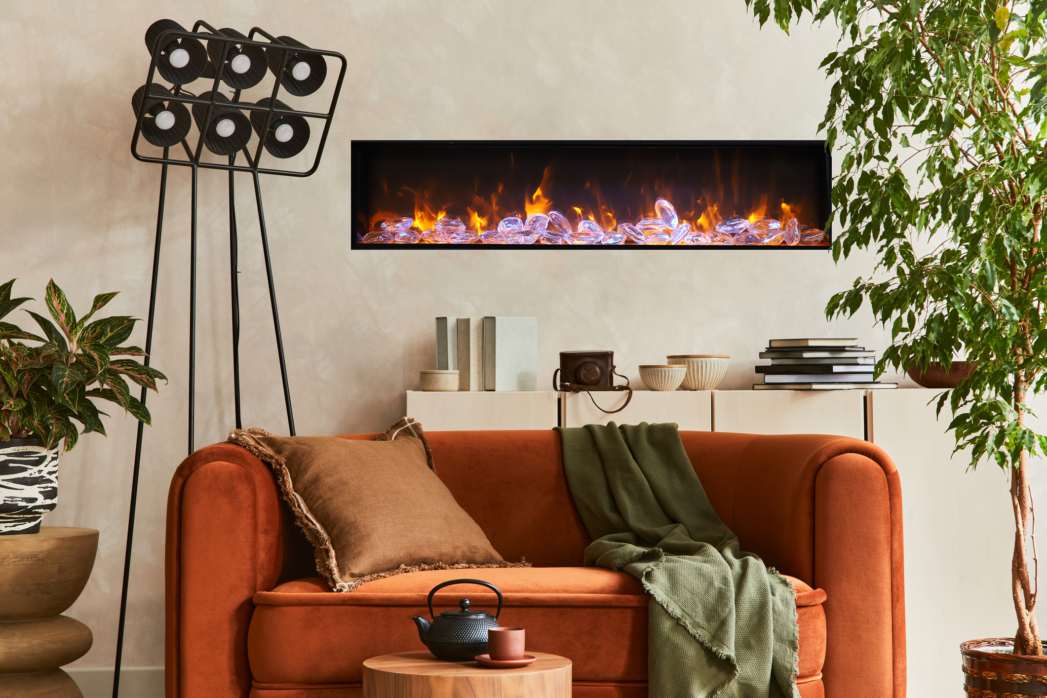 Panorama Deep Full View Smart Electric  - 88" Indoor /Outdoor WiFi Enabled Fireplace, featuring a MultiFunction Remote, Multi Speed Flame Motor, Glass Media & a Black Trim