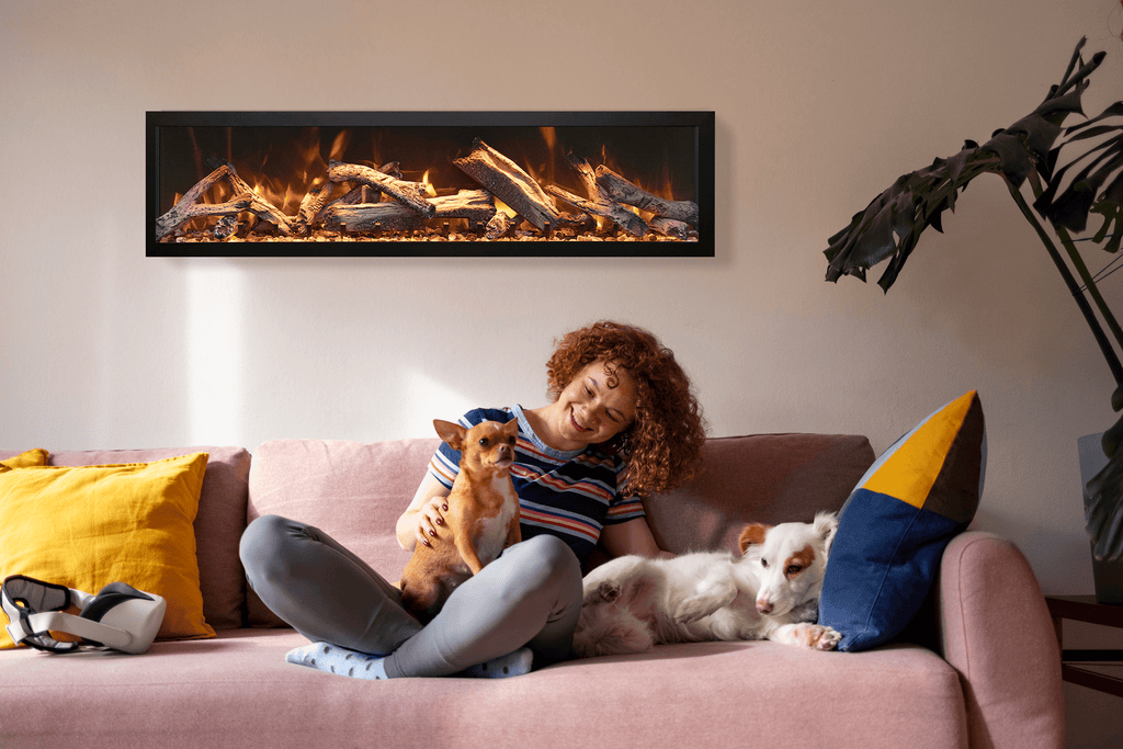 Panorama Deep Lumina  - 40" Indoor /Outdoor Built In Full View Smart Electric Fireplace, WiFi Enabled, Programable Remote Control, Multi Flame Speeds, Comes with Glass, Oak Logs, Glowing Log Media, and Black Trim