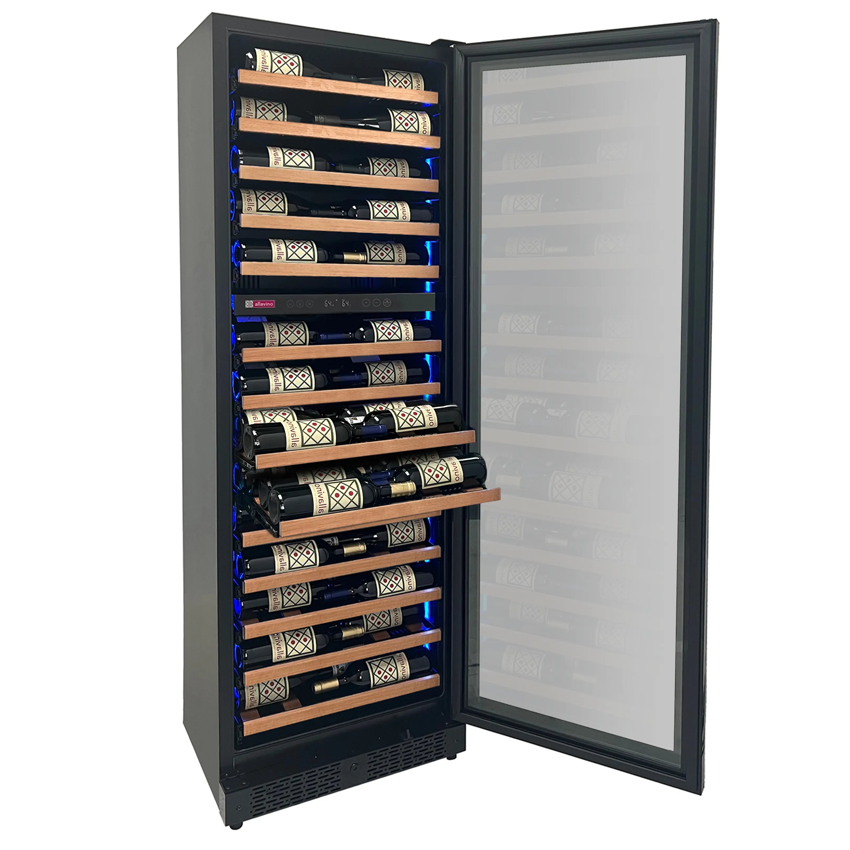 Allavino Reserva Series 67 Bottle 71" Tall Dual Zone Right Hinge Black Shallow Wine Refrigerator with Wood Front Shelves