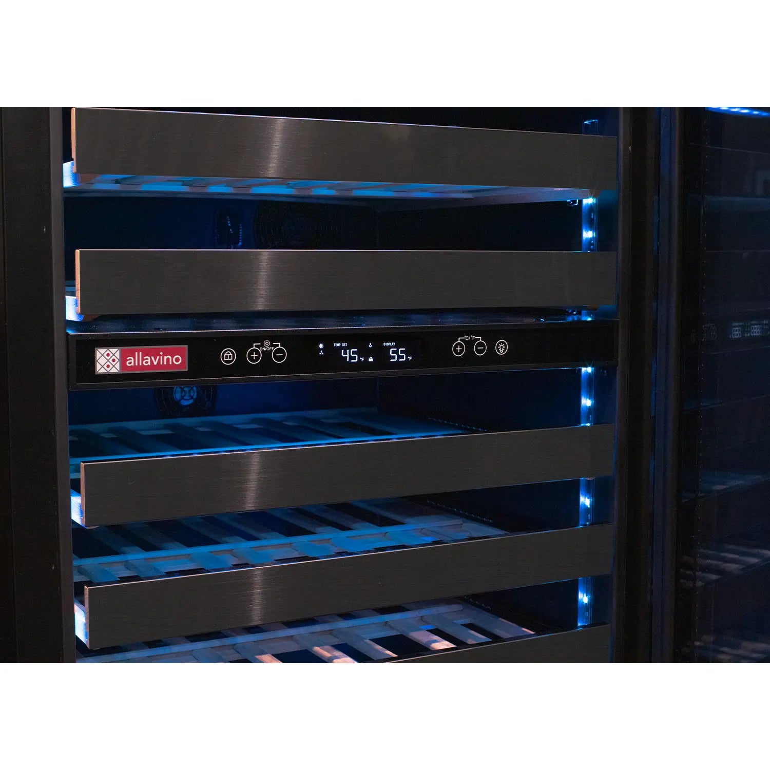 Allavino Reserva Series 100 Bottle Undercounter Four Zone Side-by-Side Wine Coolers with Black Stainless Steel Doors