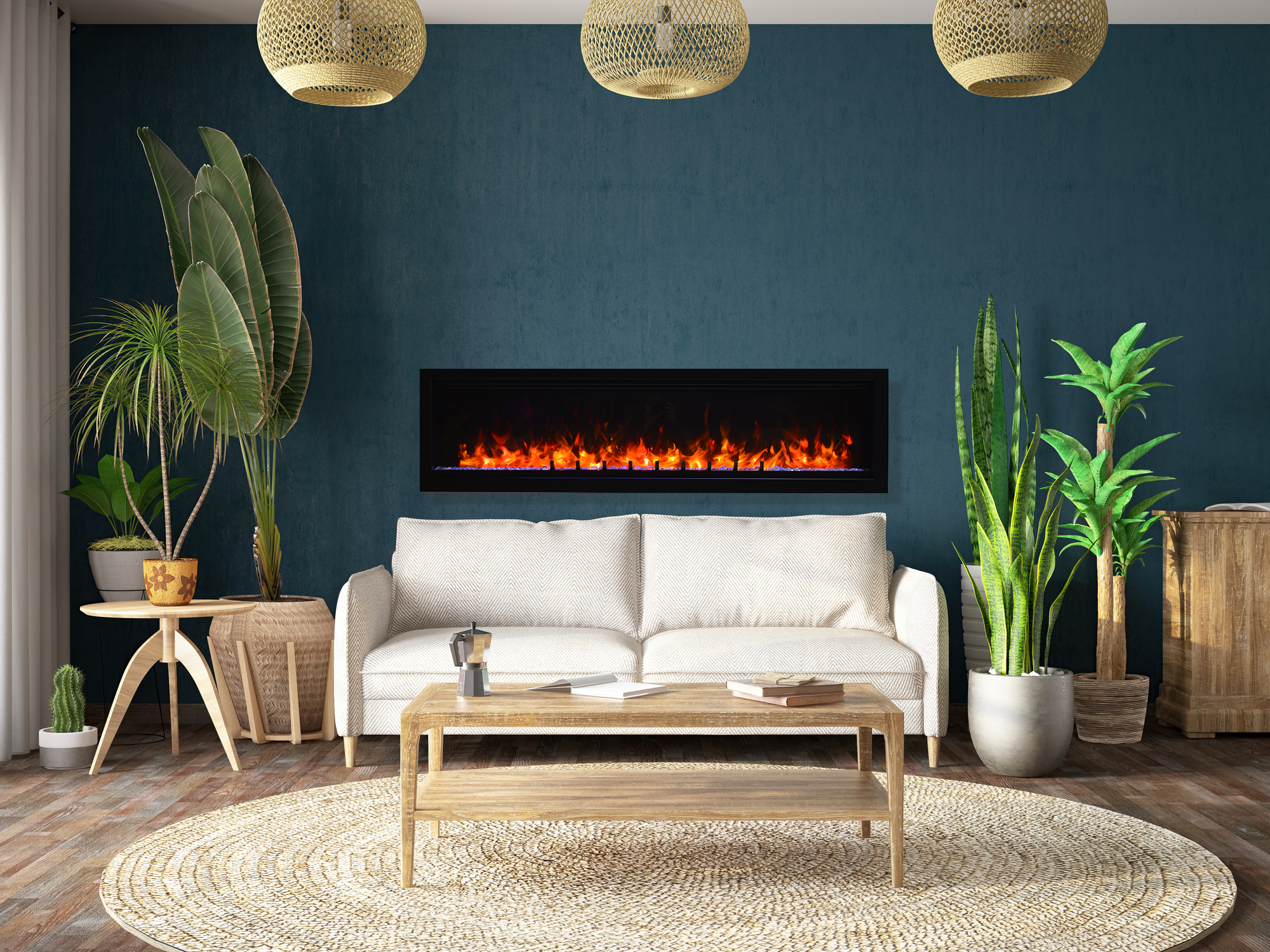 Evolution 60" WiFi Enabled Wall Mounted Electric Fireplace, Featuring Customizable Flame Speeds, Brightness, and Colors. Comes with Clear Glass Media and Full Functions Remote