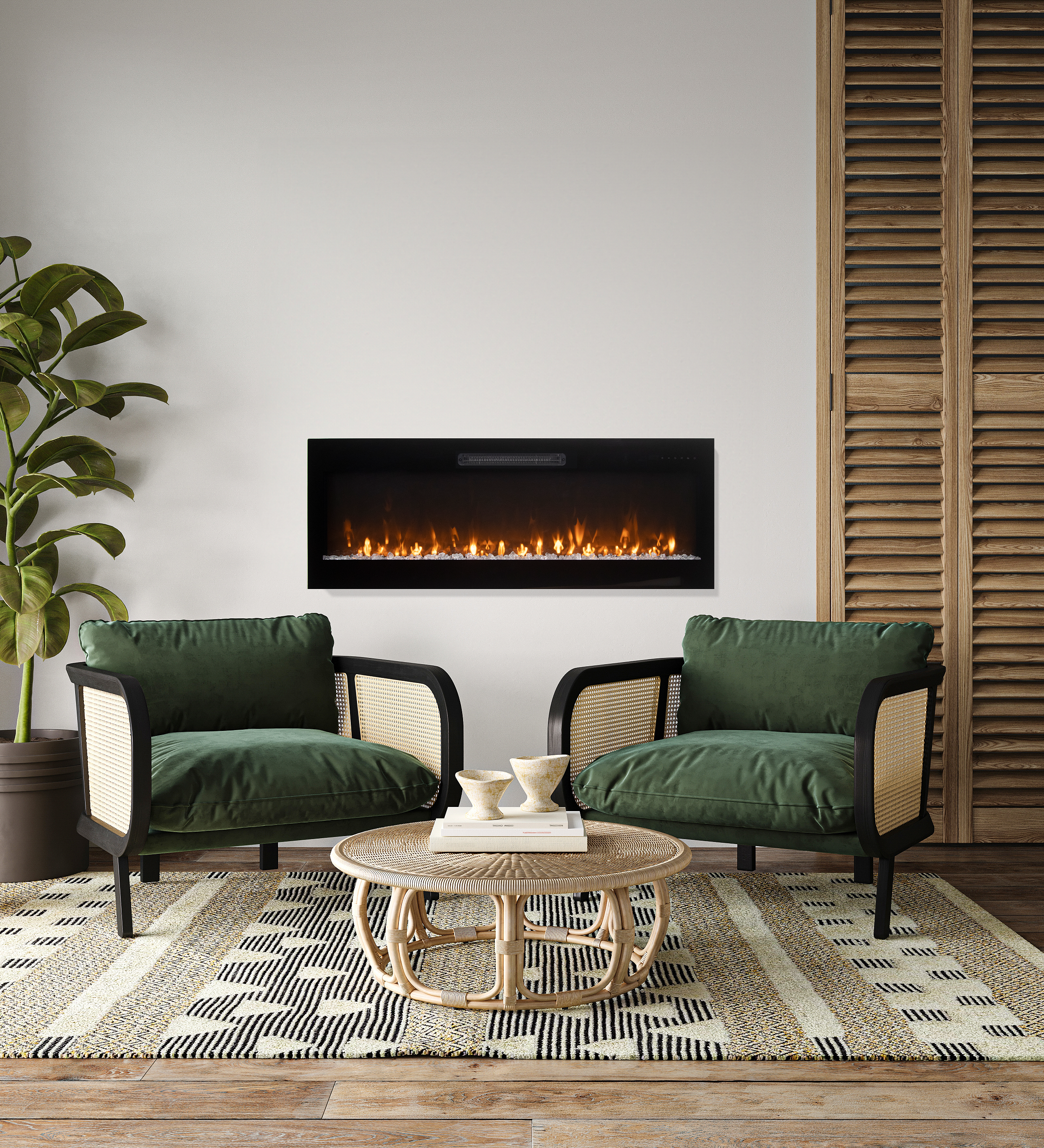 Evolution 60" WiFi Enabled Wall Mounted Electric Fireplace, Featuring Customizable Flame Speeds, Brightness, and Colors. Comes with Clear Glass Media and Full Functions Remote