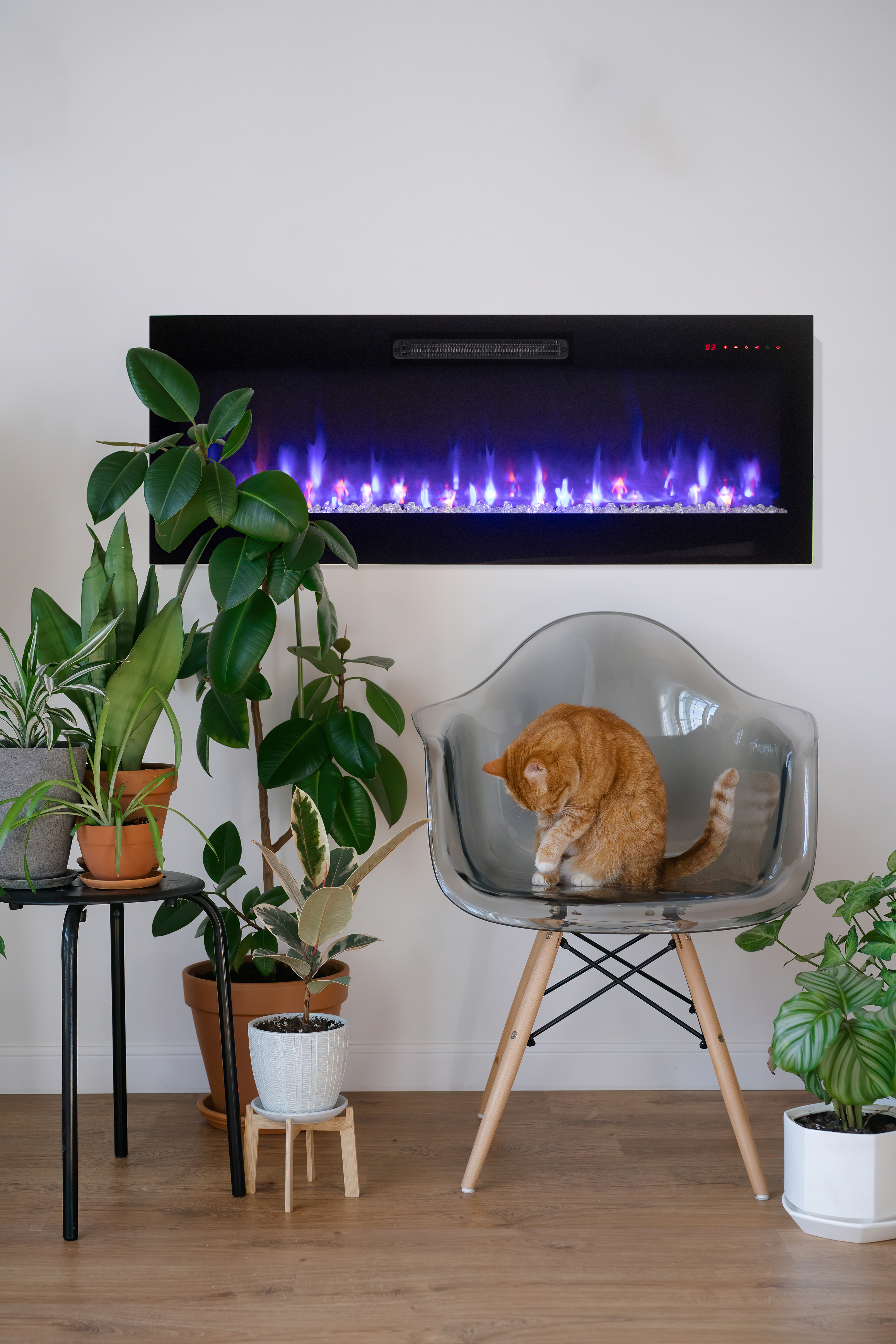Evolution 60" WiFi Enabled Wall Mounted Electric Fireplace, Featuring Customizable Flame Speeds, Brightness, and Colors. Comes with Clear Glass Media and Full Functions Remote