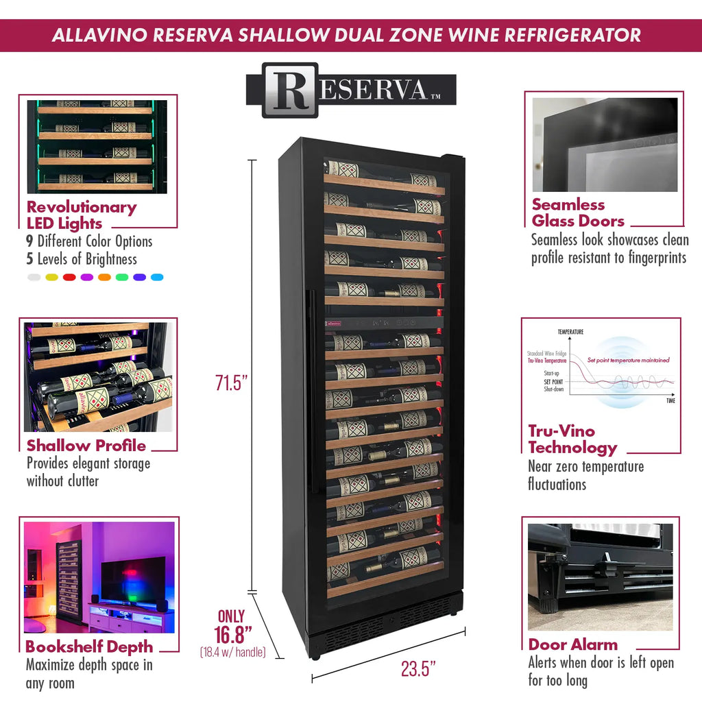Allavino Reserva Series 67 Bottle 71" Tall Dual Zone Right Hinge Black Shallow Wine Refrigerator with Wood Front Shelves