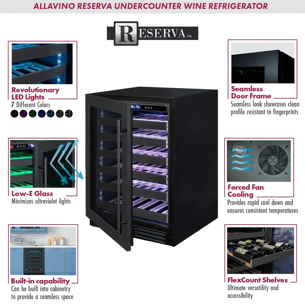 Allavino Reserva Series 50 Bottle Single Zone Built-in Wine Cooler Refrigerator with Black Stainless Steel Door - Left Hinge