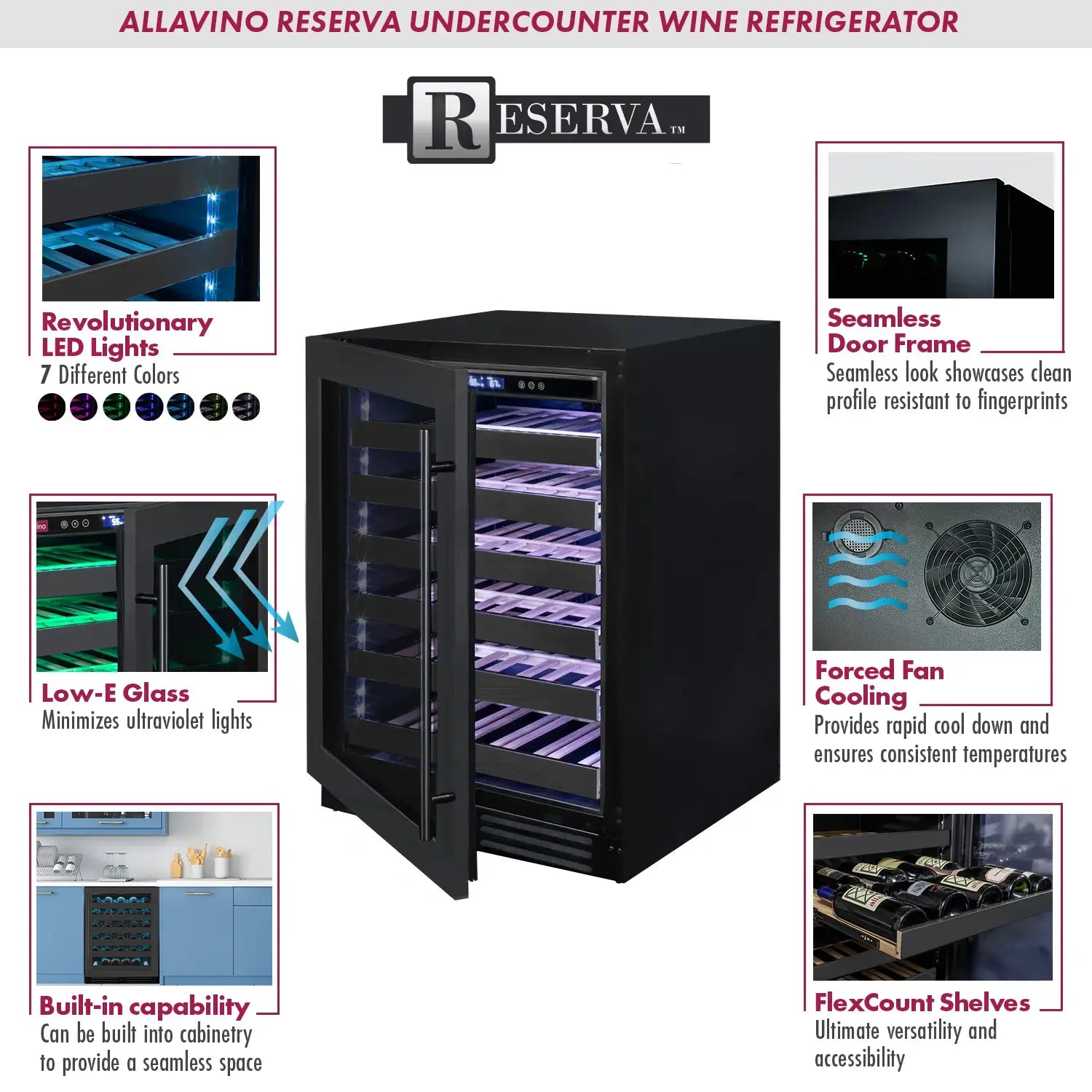 Allavino Reserva Series 100 Bottle 34" Undercounter Dual Zone Side-by-Side Wine Coolers with Black Stainless Steel Doors