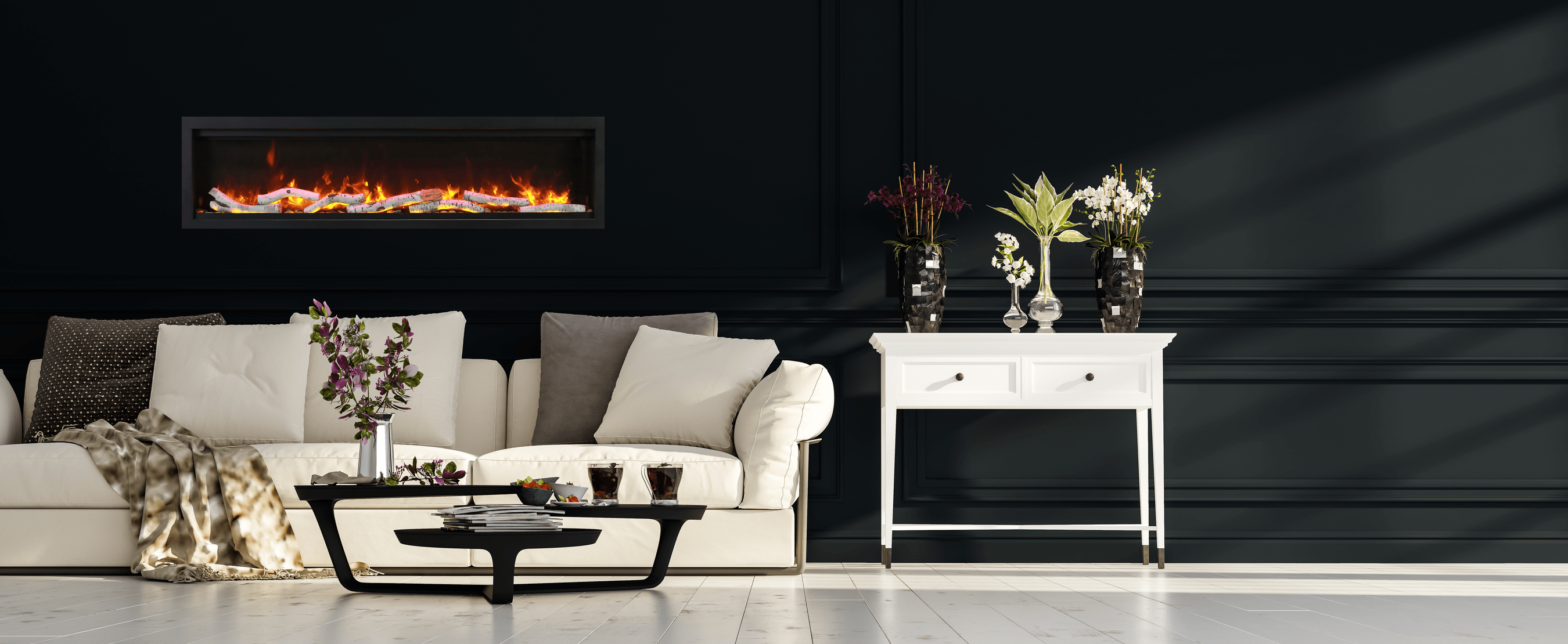 Symmetry Bespoke - 88" Indoor / Outdoor Electric Built In Fireplace featuring, WiFi Compatibilty & Bluetooth Connectivity, MultiFunction Remote, and a Selection of Media Options
