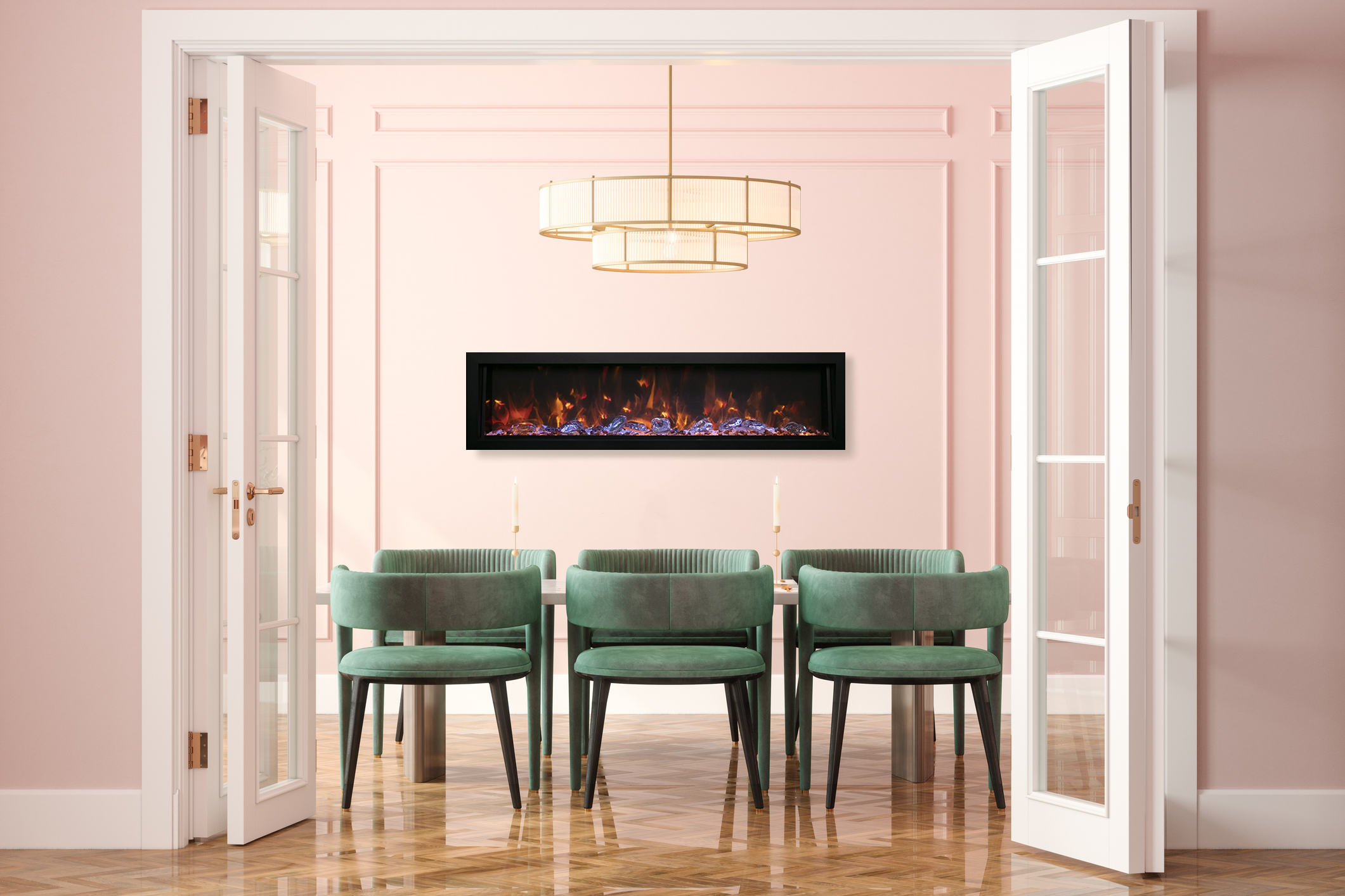 65" Deep Indoor or Outdoor Built-in Electric Fireplaces with Black Steel Surround