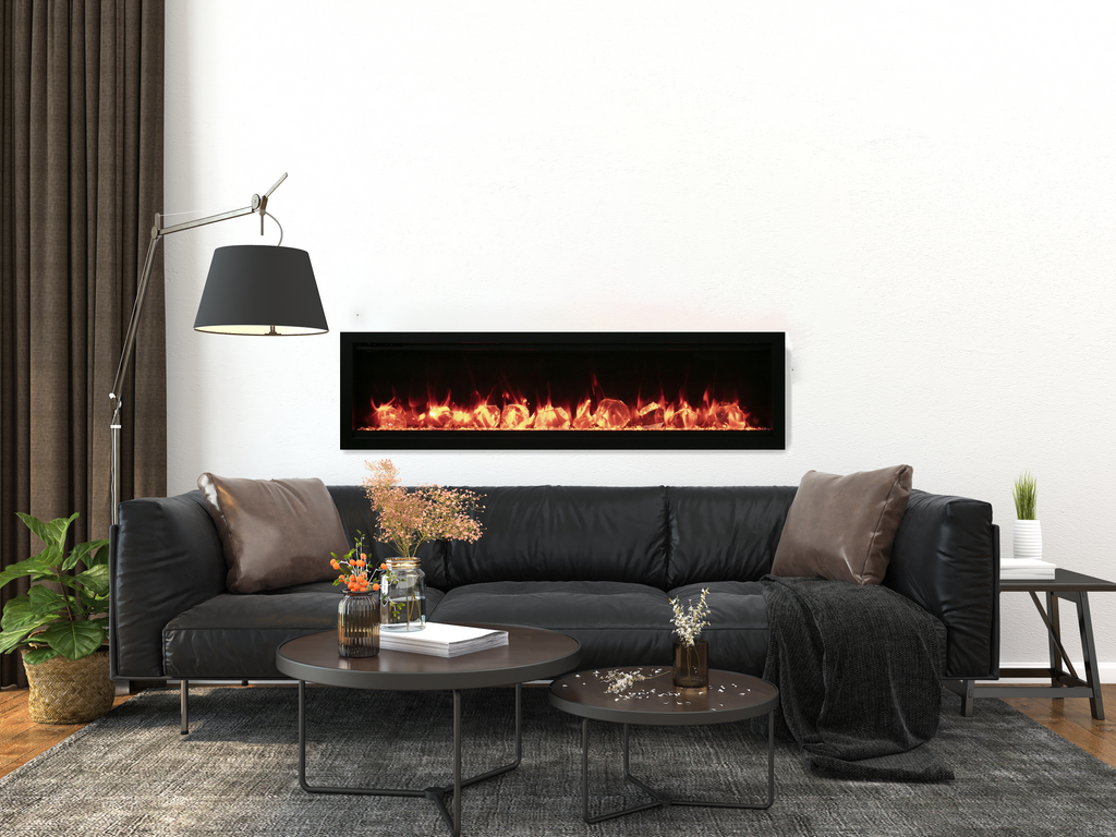 55" Extra Slim Indoor or Outdoor Built In Electric Fireplace with Black Steel Surround