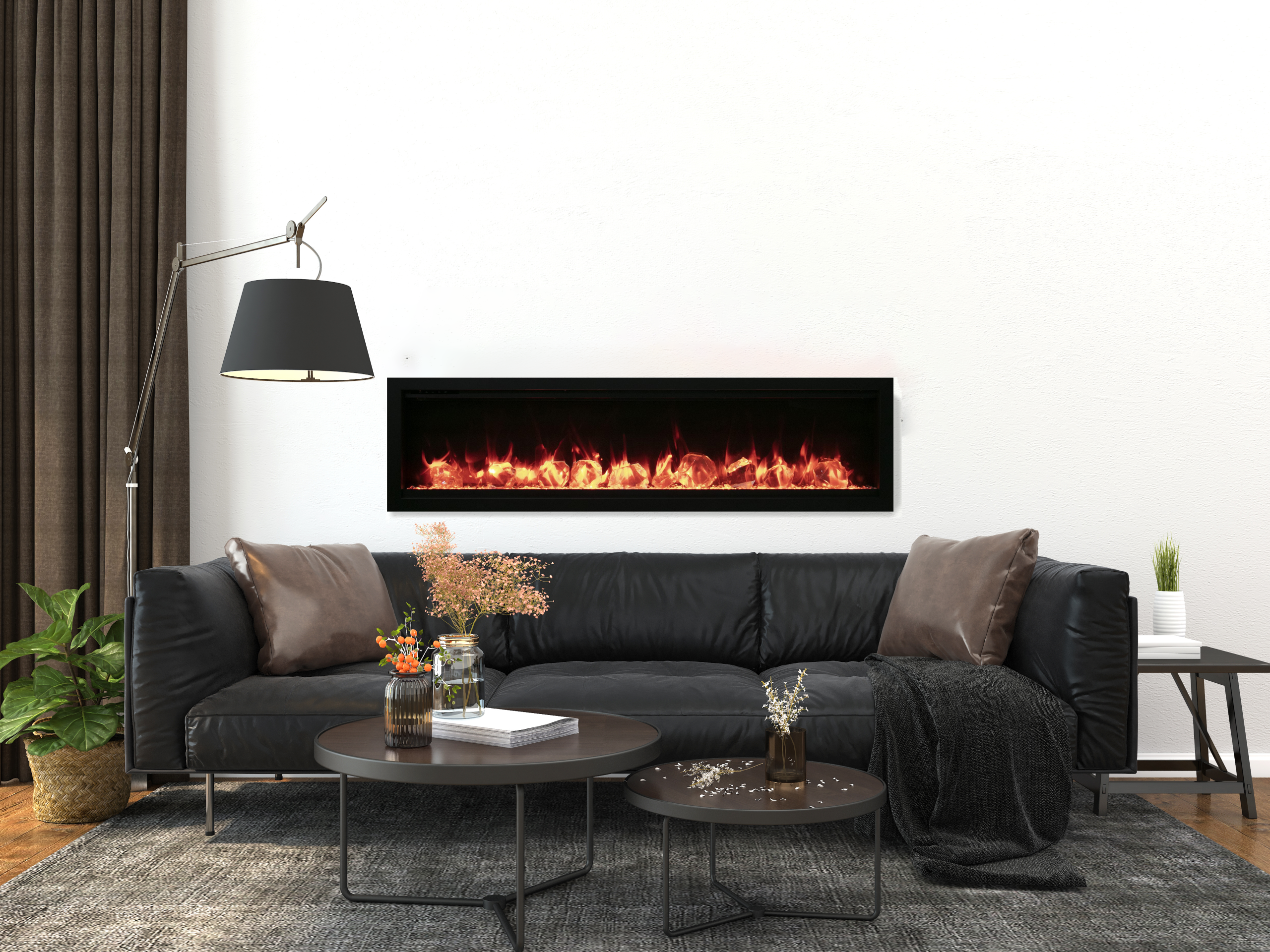 65" Extra Slim Indoor or Outdoor Built In Electric Fireplace with Black Steel Surround