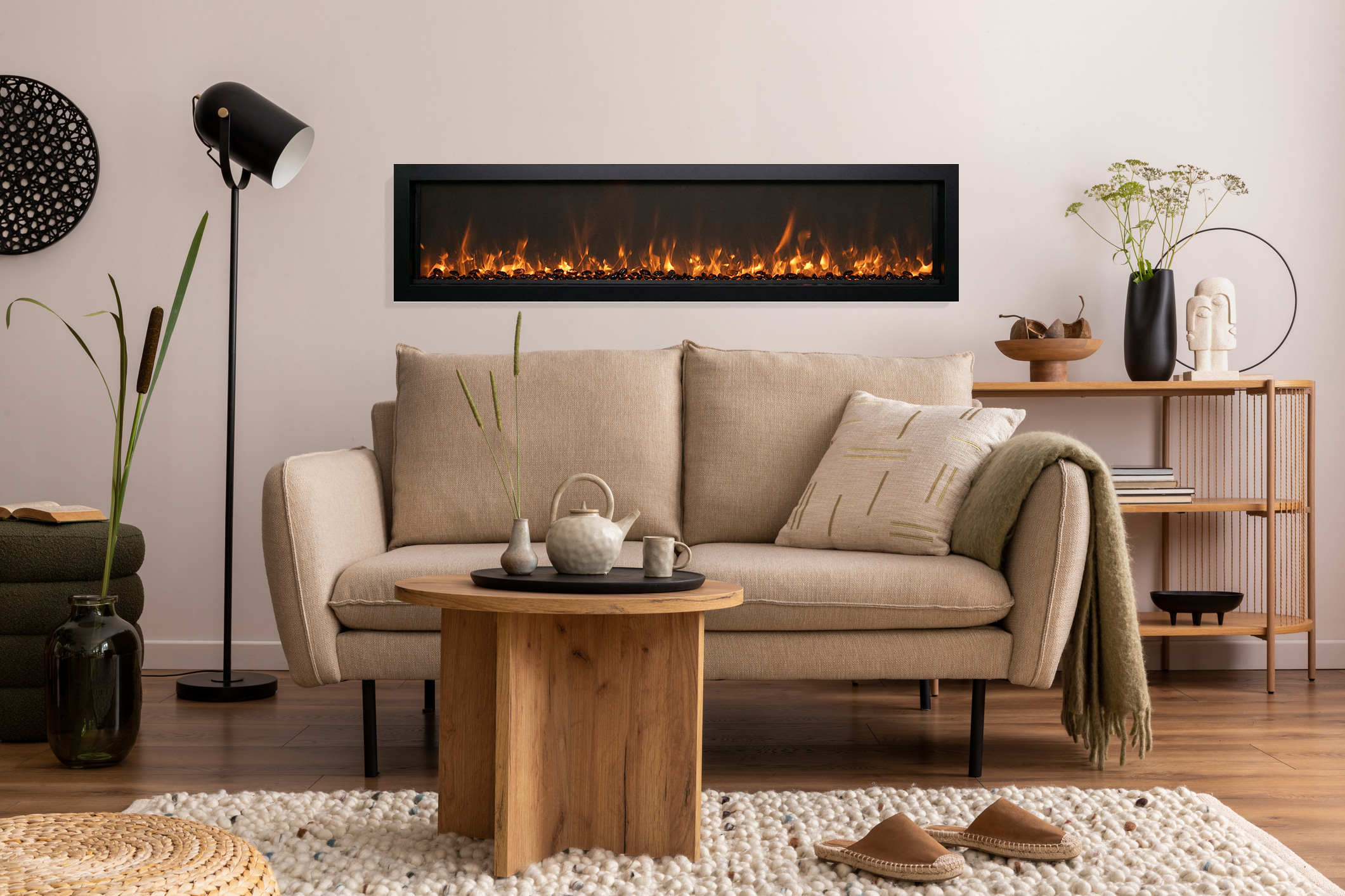 65" Extra Slim Indoor or Outdoor Built In Electric Fireplace with Black Steel Surround