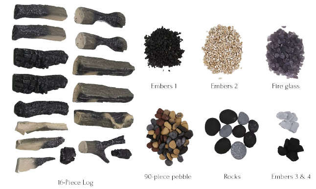 SPLIT LOG - 16 Piece Deluxe Media Kit Includes: 16 logs, stones, pebbles & embers