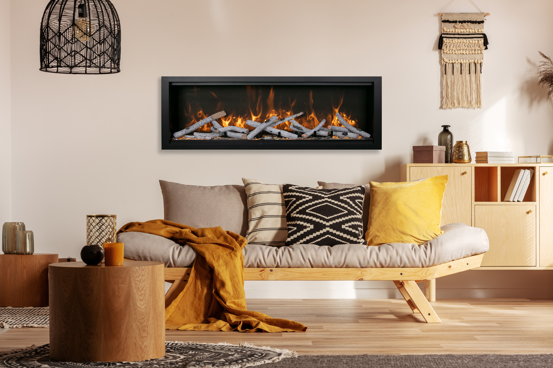 Symmetry Bespoke - 74" Indoor / Outdoor Electric Built In Fireplace featuring, WiFi Compatibilty & Bluetooth Connectivity, MultiFunction Remote, and a Selection of Media Options