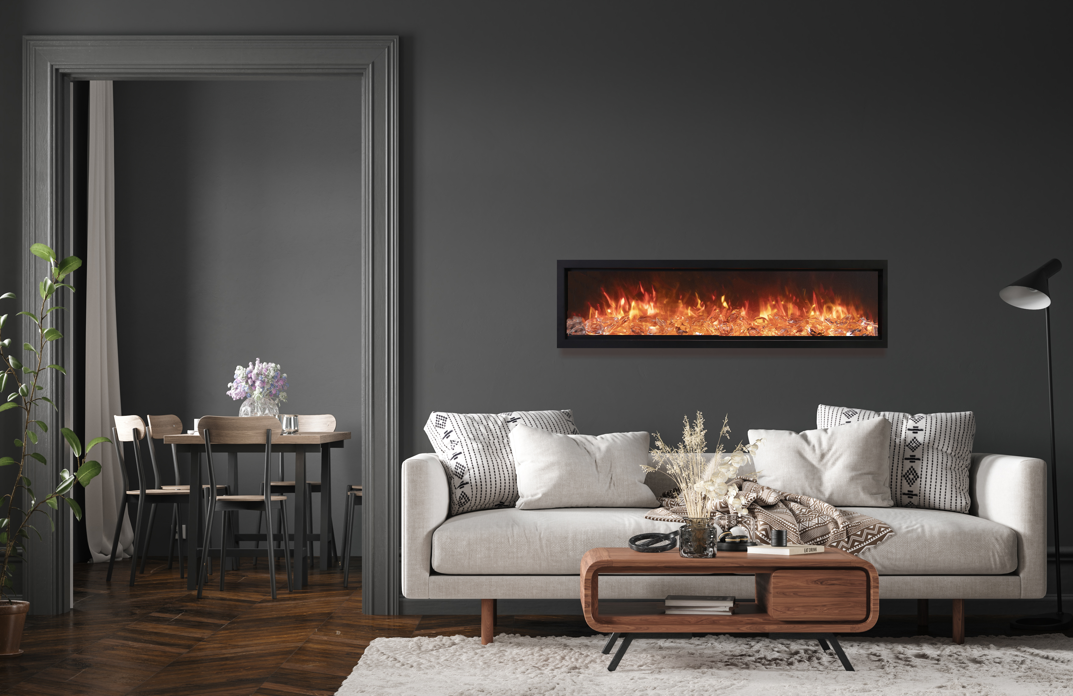 Symmetry Bespoke - 50" Indoor / Outdoor Electric Built In Fireplace featuring, WiFi Compatibilty & Bluetooth Connectivity, MultiFunction Remote, and a Selection of Media Options