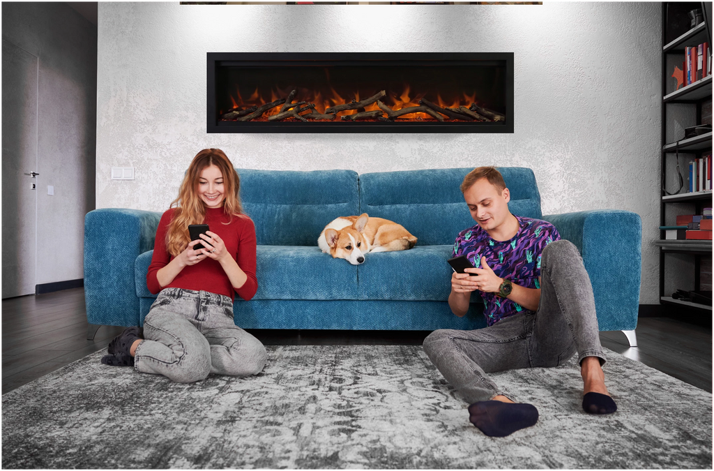 Wall Mount Lumina 100" Indoor Outdoor Built In Smart Electric Fireplace, WiFi Enabled, Programable Remote Control , Multi Speed Flame, Comes with Real Glass and a 12 piece Medium Oak Log Set