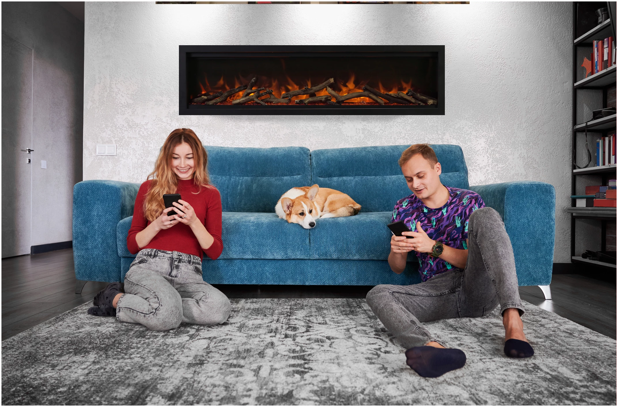 Wall Mount Lumina 100" Indoor Outdoor Built In Smart Electric Fireplace, WiFi Enabled, Programable Remote Control , Multi Speed Flame, Comes with Real Glass and a 12 piece Medium Oak Log Set