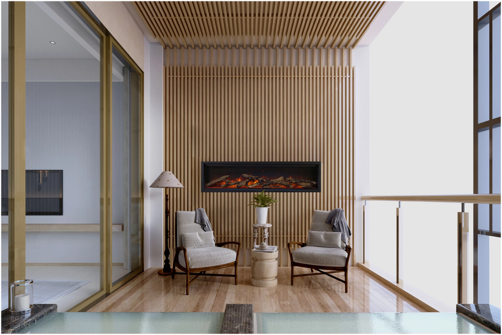 Wall Mount Lumina 100" Indoor Outdoor Built In Smart Electric Fireplace, WiFi Enabled, Programable Remote Control , Multi Speed Flame, Comes with Real Glass and a 12 piece Medium Oak Log Set