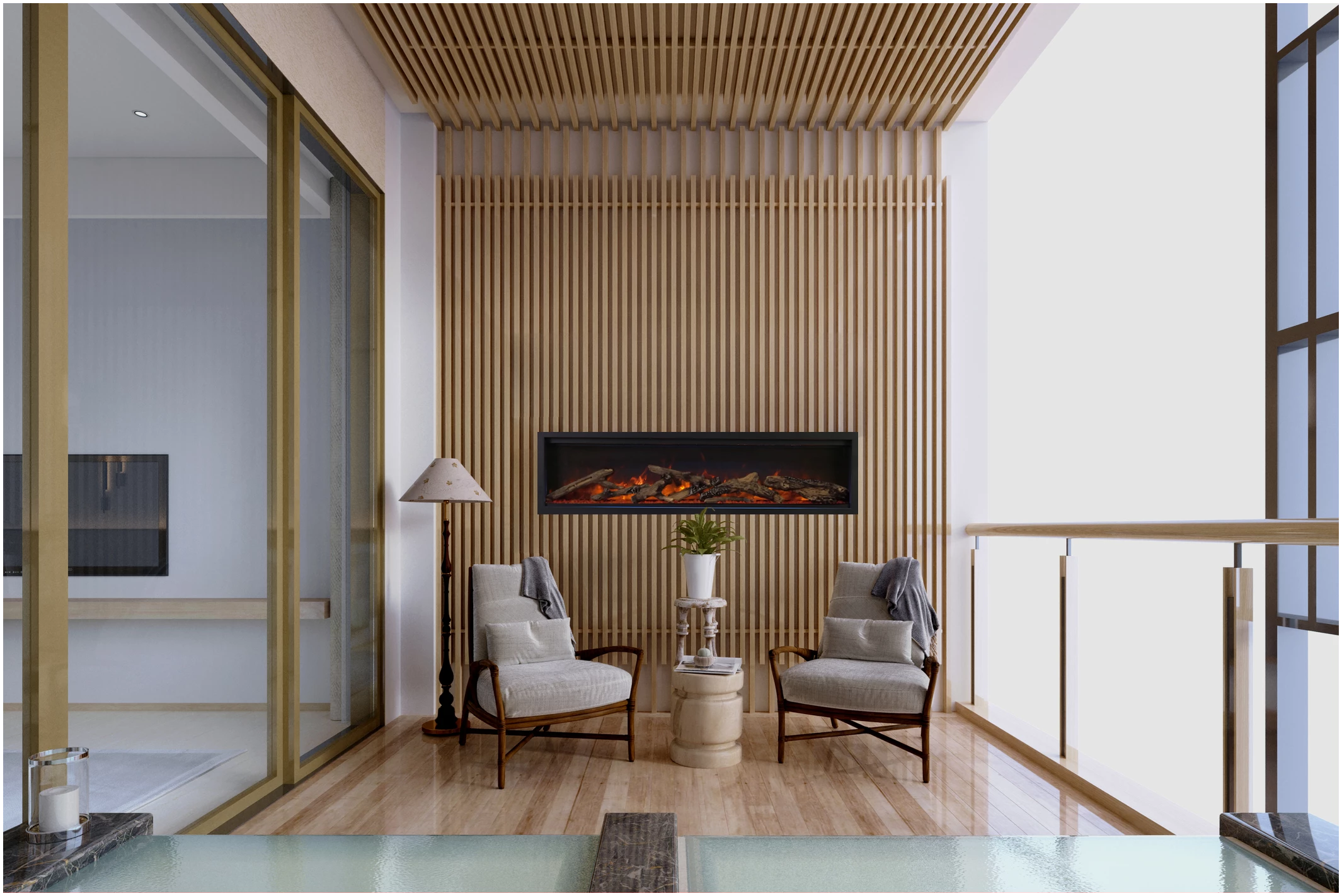 Wall Mount Lumina 100" Indoor Outdoor Built In Smart Electric Fireplace, WiFi Enabled, Programable Remote Control , Multi Speed Flame, Comes with Real Glass and a 12 piece Medium Oak Log Set